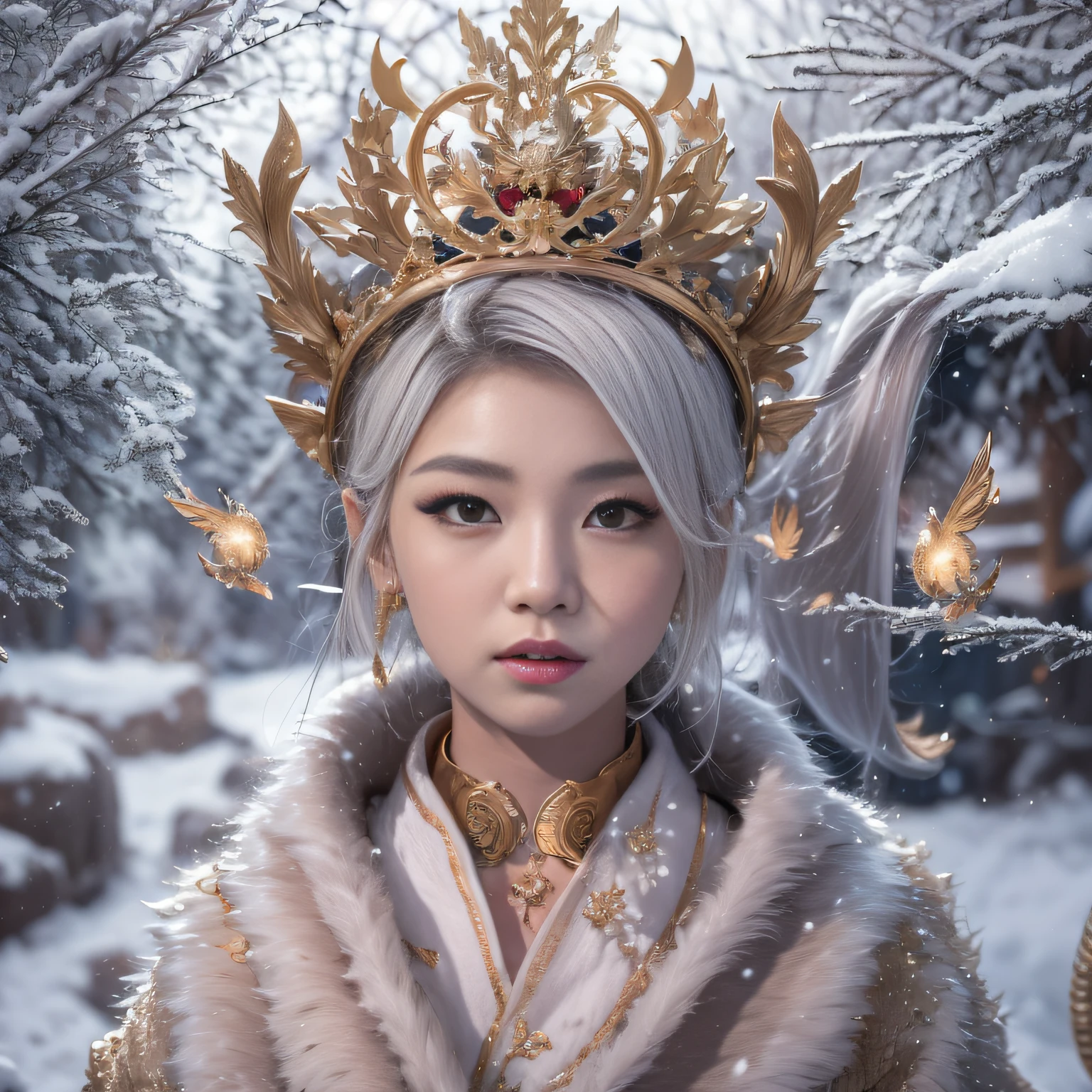 16k(tmasterpiece,k hd,hyper HD,16k)short detailed hair,Vintage train sleeper area,Snow Circle Girl ,Two Golden Dragon Protectors (realisticlying:1.4),Python robe,Purple-pink tiara,Snowflakes fluttering,The background is pure, A high resolution, the detail, RAW photogr, Sharp Re, Nikon D850 Film Stock Photo by Jefferies Lee 4 Kodak Portra 400 Camera F1.6 shots, Rich colors, ultra-realistic vivid textures, Dramatic lighting, Unreal Engine Art Station Trend, cinestir 800,