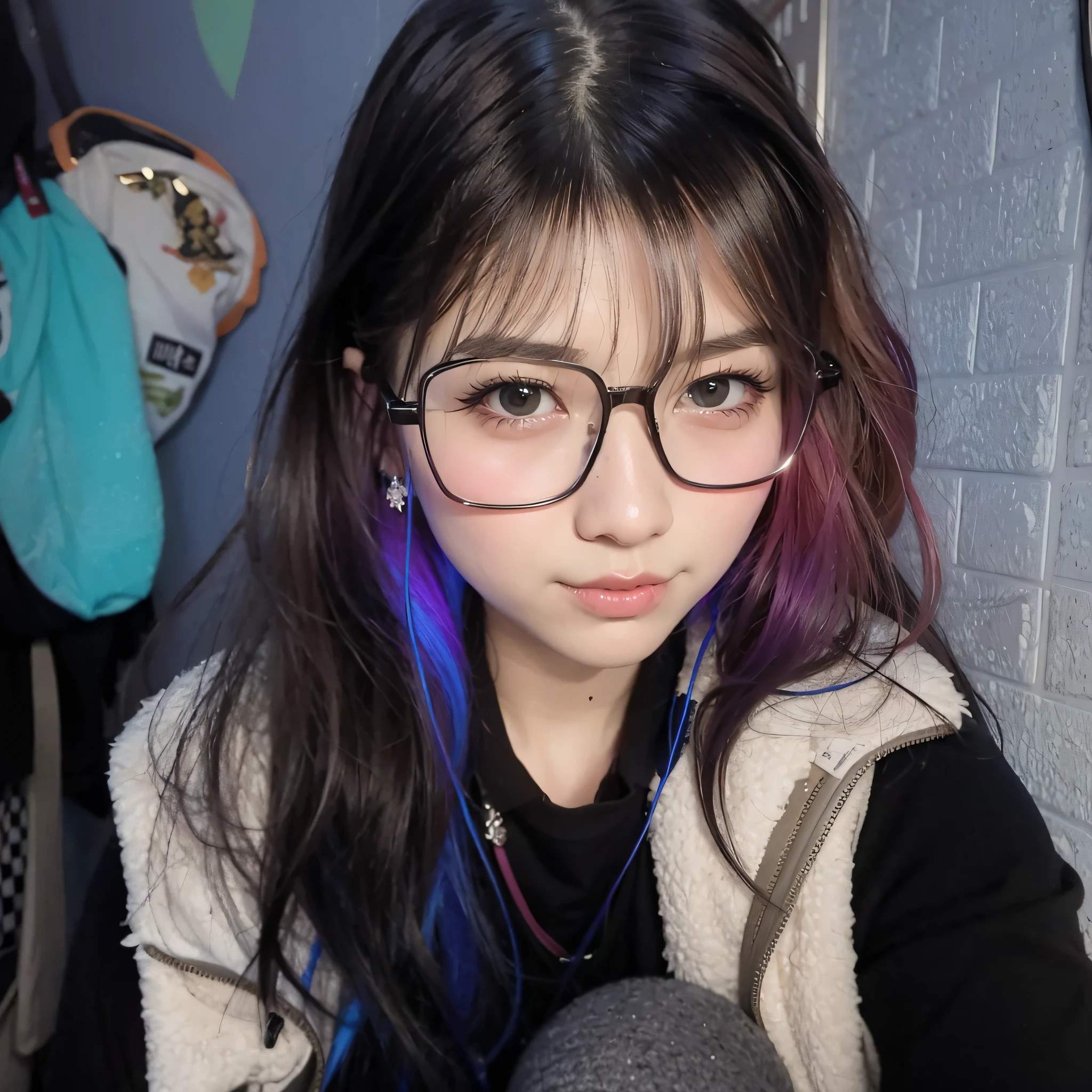 Wearing glasses、black shirt、Arafeld girl with blue-purple hair, wearing thin large round glasses, With glasses, colorful pigtail, with square glasses, xintong chen, xision wu, 🤤 girl portrait, Lin Qifeng, sakimichan, 8K)), ulzzangs, wearing small round glasses, kanliu666