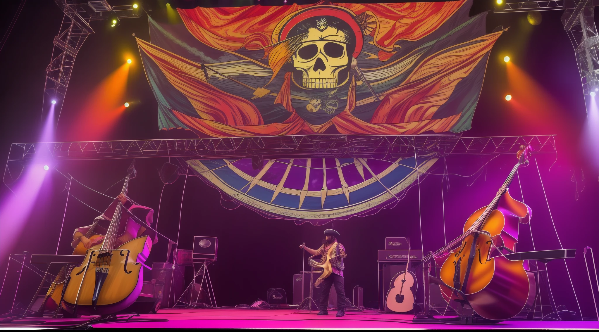 A stage in the shape and appearance of a pirate ship, behind the backdrop of the pirate ship a huge LED screen illustrates the sea and sky. O palco tem altura de 6m, um comprimento de 20m e uma largura de 10m, reflectors and colored lighting. No palco, a pirate playing an electric guitar, another pirate playing electric double bass, um terceiro pirata tocando a bateria no fundo do palco, e um quarto pirata tocando guitarra e cantando na frente do palco