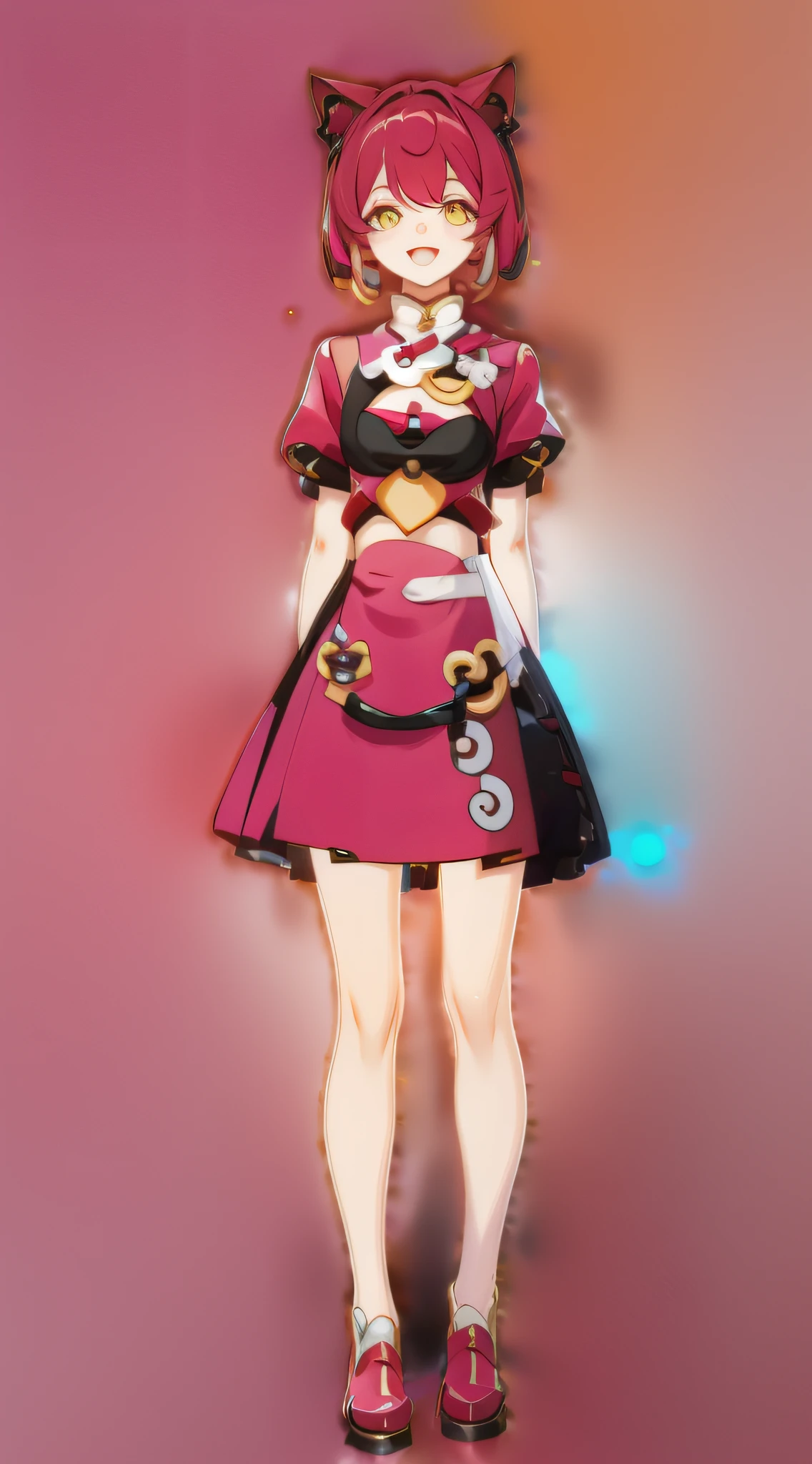 full body, upright, arms at sides, looking at viewer, pure-colored background, 1girl, open mouth, cat ears, smile, Yanfei