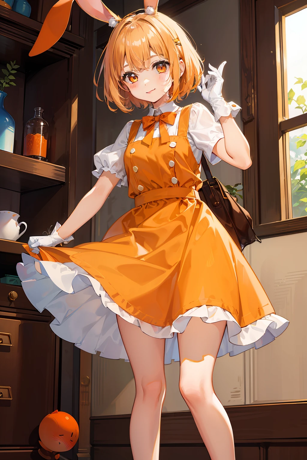 1girl, cream hair, short hair, brown eyes, smile, rabbit ears, orange dress, rabbit tail, blue ribbon, orange shoes, white gloves