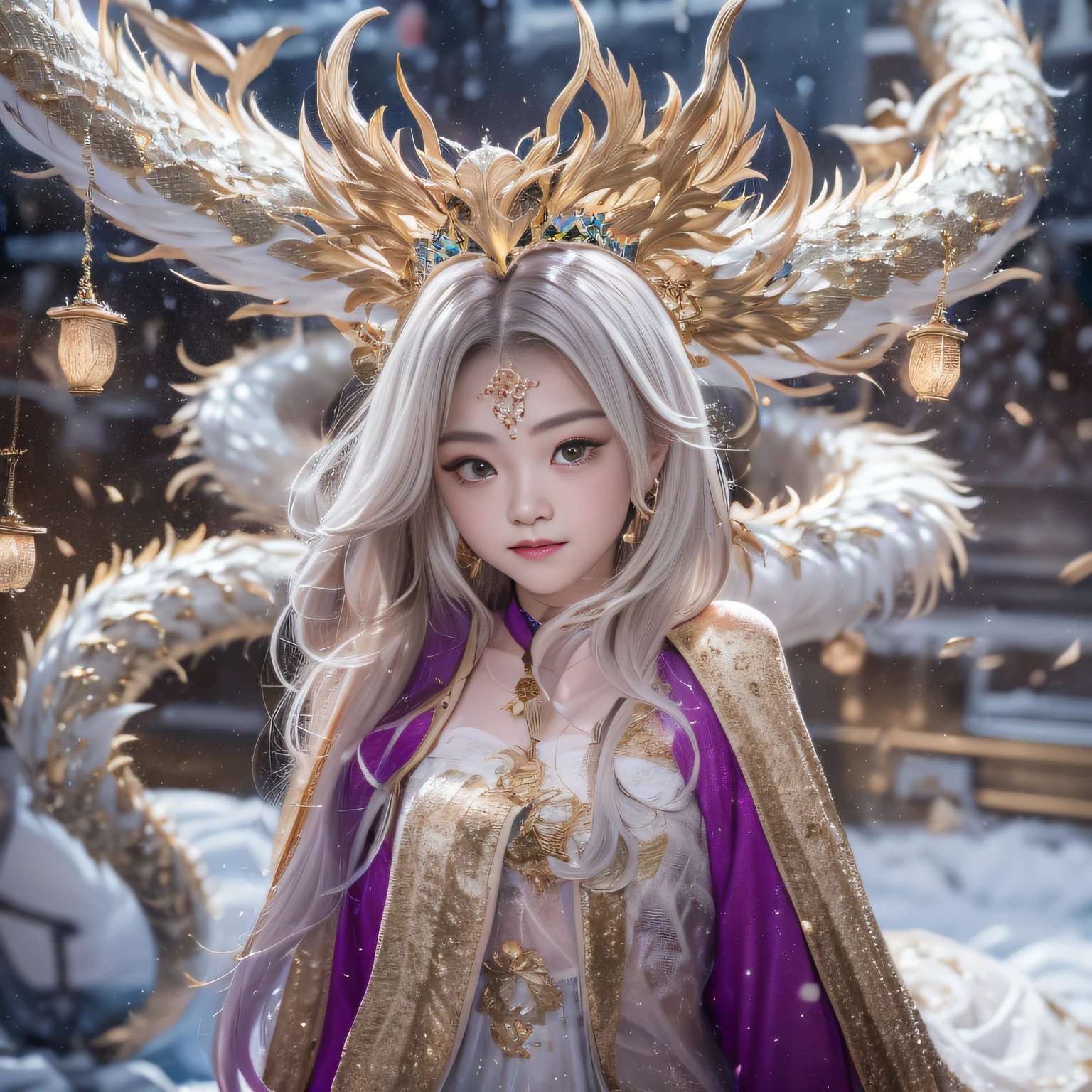 16k(tmasterpiece,k hd,hyper HD,16k)short detailed hair,Vintage train sleeper area,Snow Circle Girl ,Two Golden Dragon Protectors (realisticlying:1.4),Python robe,Purple-pink tiara,Snowflakes fluttering,The background is pure, A high resolution, the detail, RAW photogr, Sharp Re, Nikon D850 Film Stock Photo by Jefferies Lee 4 Kodak Portra 400 Camera F1.6 shots, Rich colors, ultra-realistic vivid textures, Dramatic lighting, Unreal Engine Art Station Trend, cinestir 800,