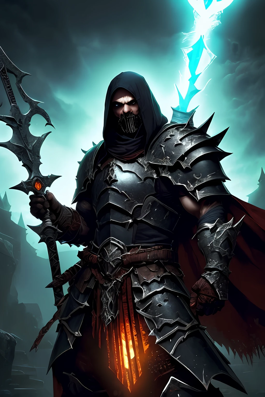 (papel de parede 8k extremamente detalhado), an average photo of a fearsome armored necromancer warrior, intrincado, alto detalhe, Dramatic