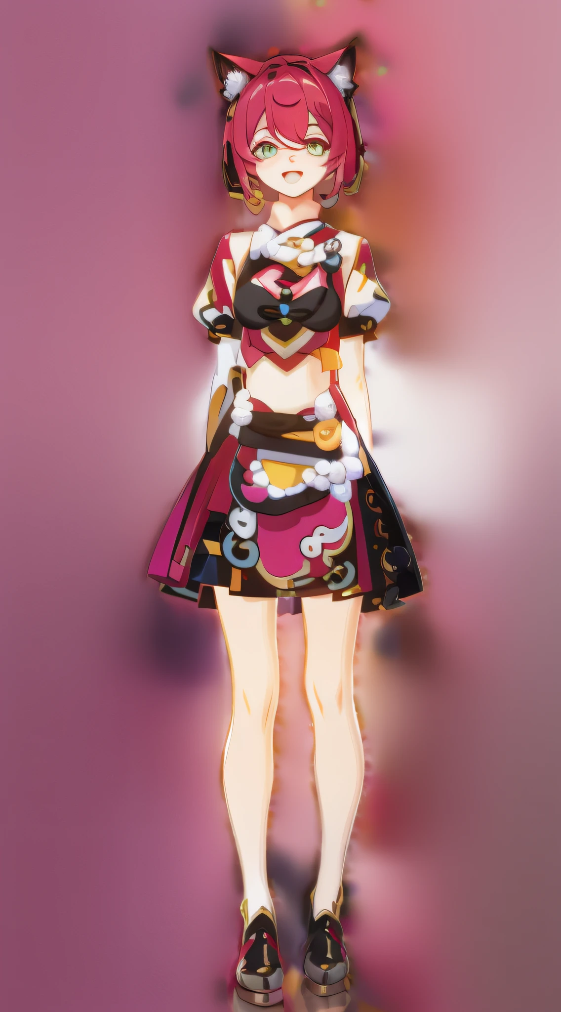 full body, upright, arms at sides, looking at viewer, pure-colored background, 1girl, open mouth, cat ears, smile, Yanfei