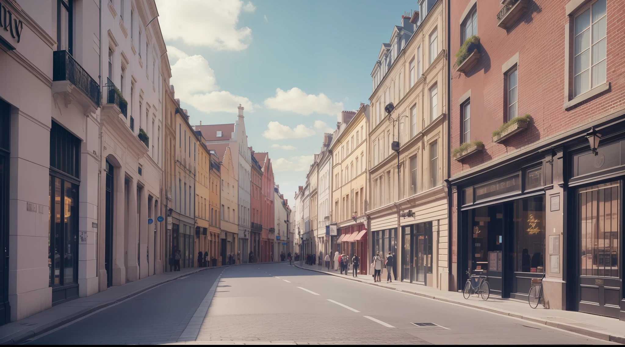 A street in the modern European capital,The wide road is lined with branded stores,Classical architecture and modern business building,Midday sunlight,Blue sky,Gentle clouds,Super realistic details,ultra-clear,real photograph,Cinematic lighting effects,8K,c-30,