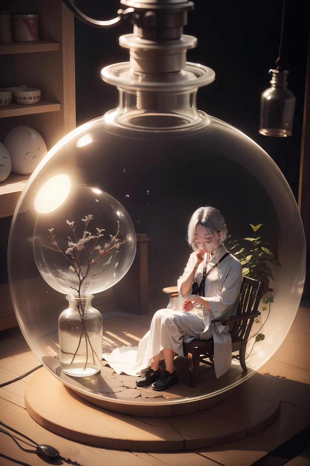 Dark silver hair、Closed eyes、is crying