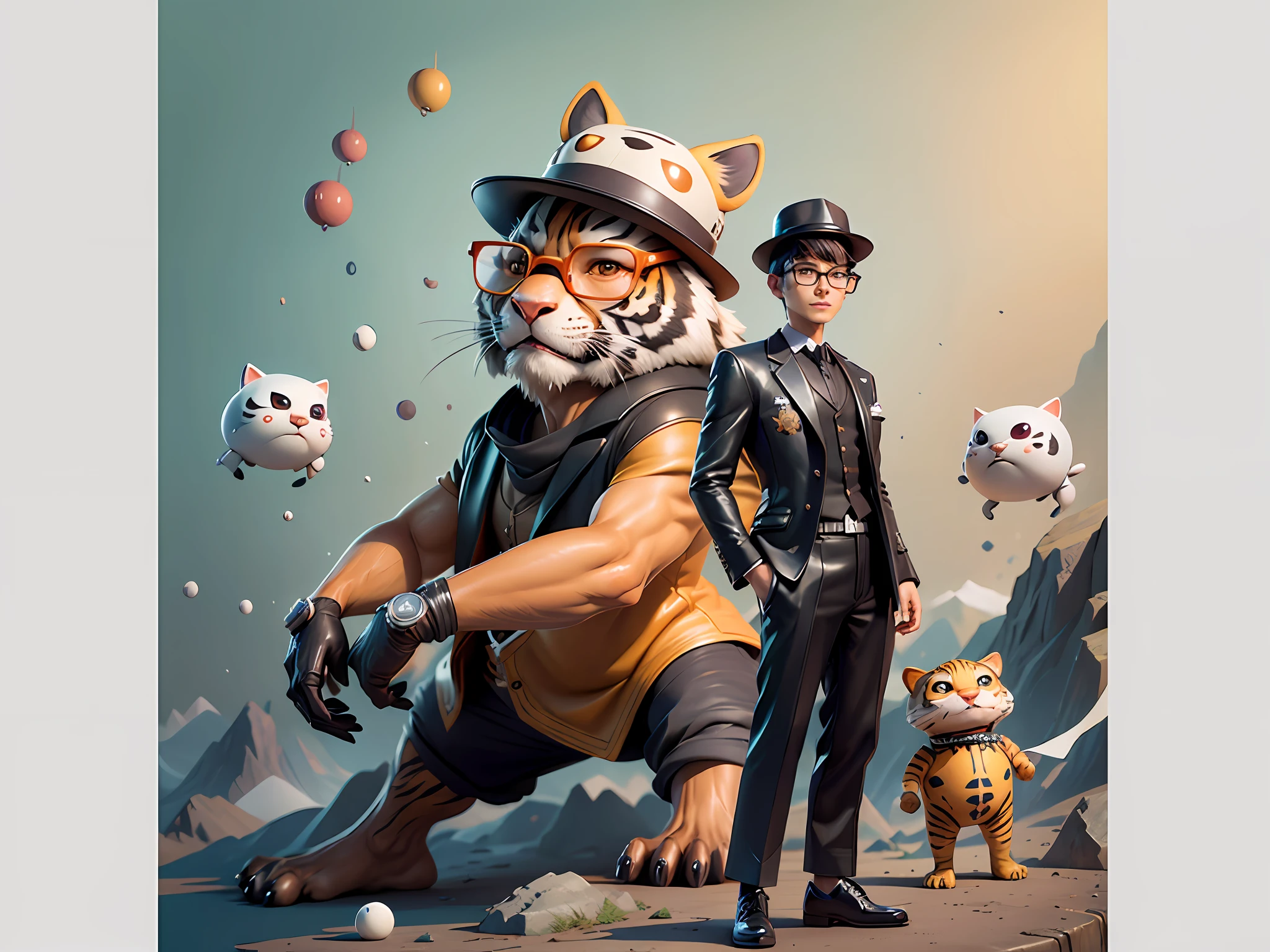 Young man with oriental face in leather hat, tiger, oriental face in formal suit, short black hair, silver glasses, digital painting, 3D character design by Mark Clairedon and Pixar and Hayao Miyazaki and Akira Toriyama, the illustration is a high-definition illustration in 4K resolution with very detailed facial features and cartoon-style visuals.