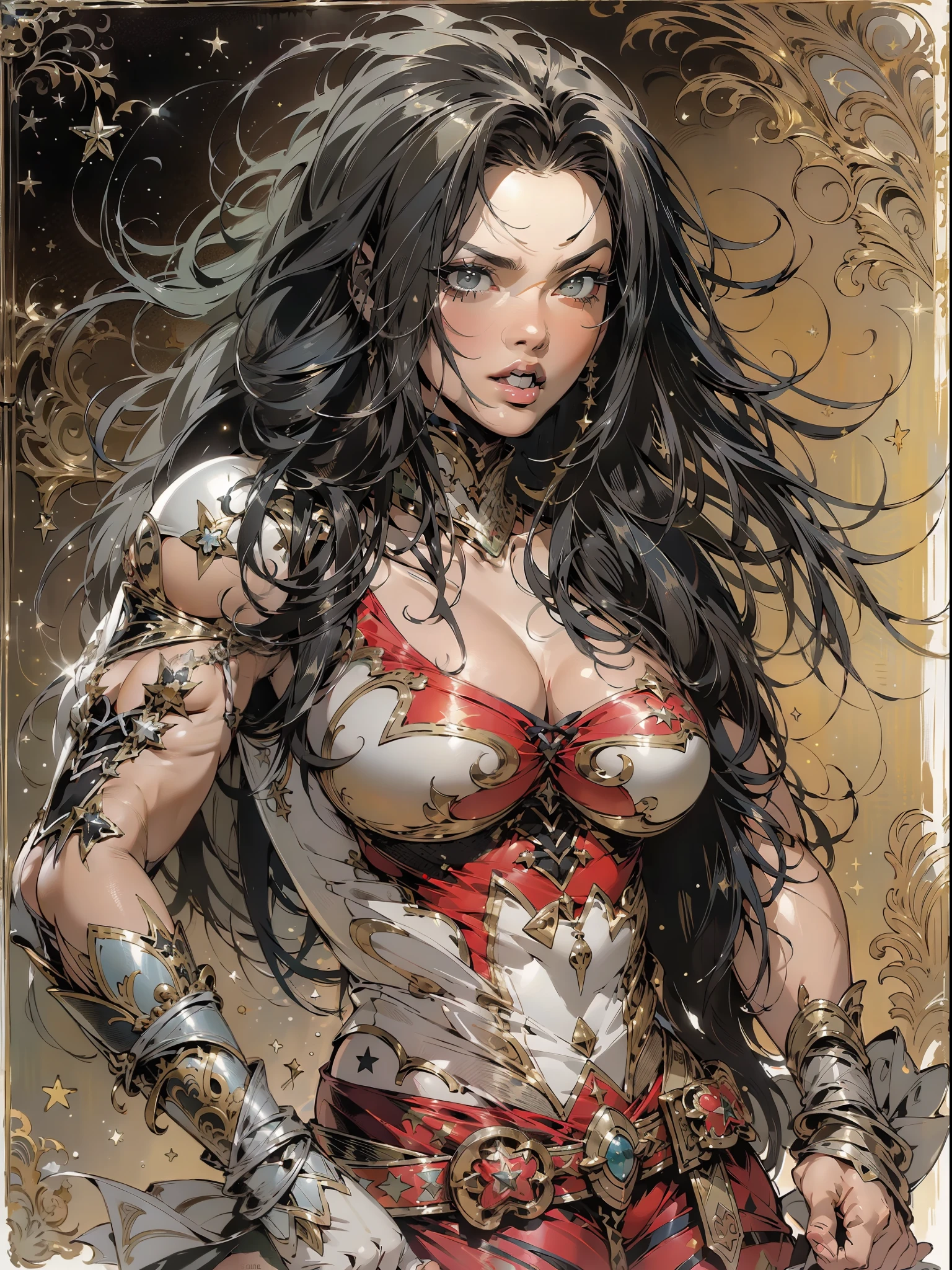 (((mulher))), (((melhor qualidade))), (((obra prima))), (((adulta))), Uma guerreira mulher de 35 anos com corpo perfeito, She-Lobo, (( under boobs )), ((( micro saia ))), ((( cinta liga ))), quase nua no estilo selvagem urbano de Simon Bisley para a capa da revista Heavy Metal, cabelo loiro, Minimum clothing, armadura (vermelho escuro com estrelas brancas), cheio de pontas e rebites manchadas de tinta, tatuagem de estrelas de 5 pontas, (((corpo inteiro))), cabelo preto curto com franja branca cobrindo a testa