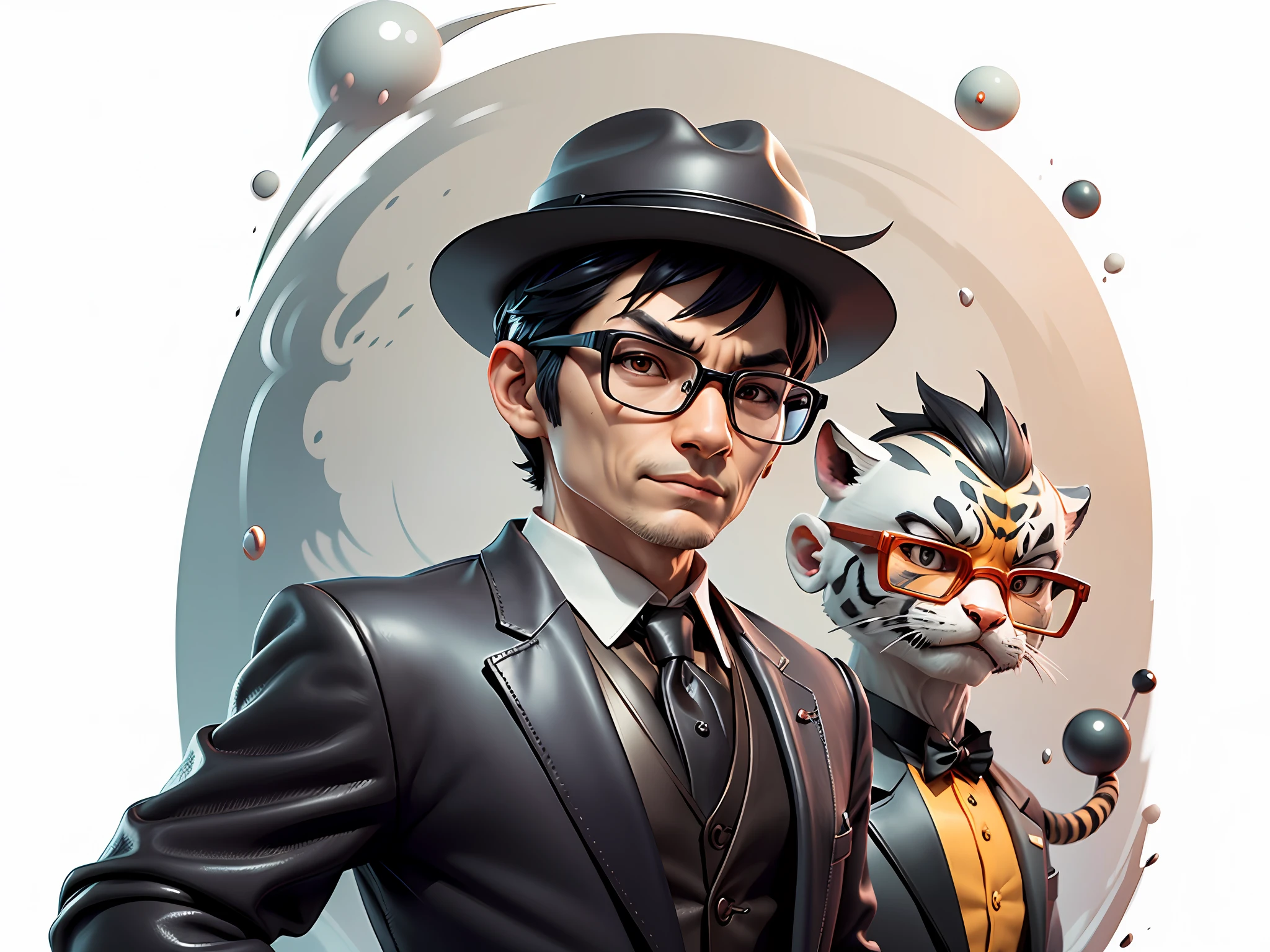 Young man with oriental face in leather hat, tiger, oriental face in formal suit, short black hair, silver glasses, digital painting, 3D character design by Mark Clairedon and Pixar and Hayao Miyazaki and Akira Toriyama, the illustration is a high-definition illustration in 4K resolution with very detailed facial features and cartoon-style visuals.