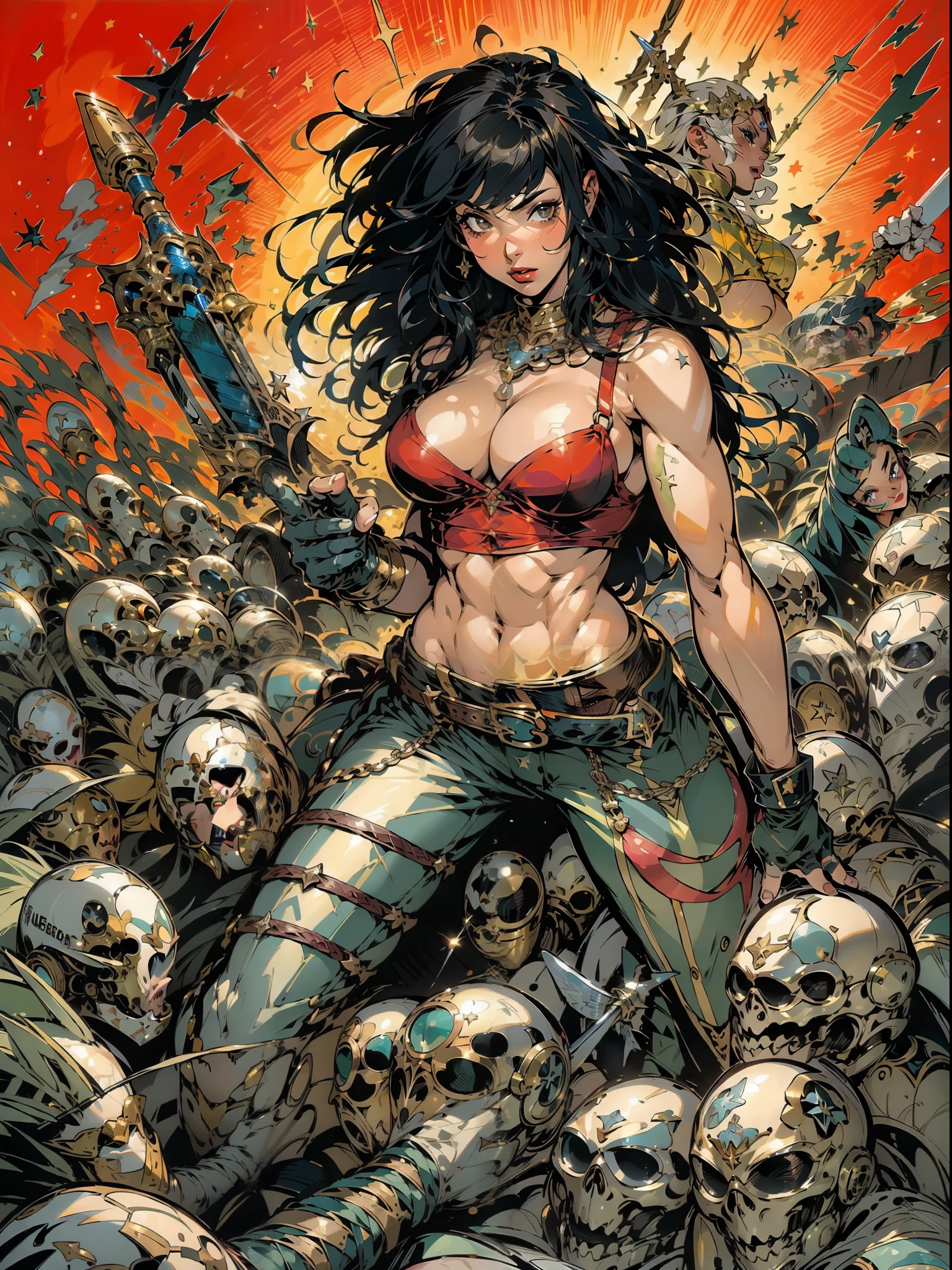(((mulher))), (((melhor qualidade))), (((obra prima))), (((adulta))), Uma guerreira mulher de 35 anos com corpo perfeito, She-Lobo, (( under boobs )), ((( micro saia ))), ((( cinta liga ))), quase nua no estilo selvagem urbano de Simon Bisley para a capa da revista Heavy Metal, cabelo loiro, Minimum clothing, armadura (vermelho escuro com estrelas brancas), cheio de pontas e rebites manchadas de tinta, tatuagem de estrelas de 5 pontas, (((corpo inteiro))), cabelo preto curto com franja branca cobrindo a testa