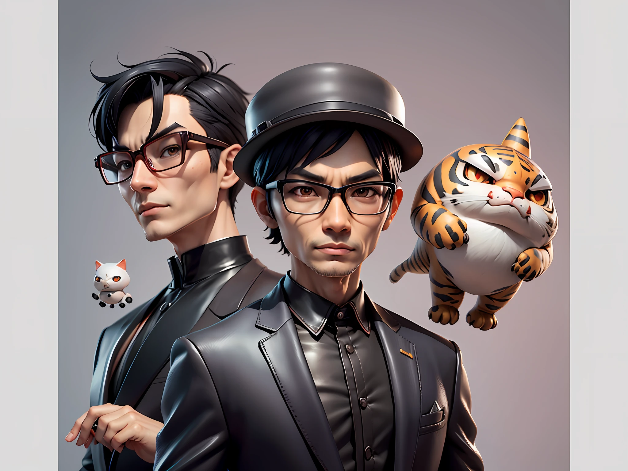 Young man with oriental face in leather hat, tiger, oriental face in formal suit, short black hair, silver glasses, digital painting, 3D character design by Mark Clairedon and Pixar and Hayao Miyazaki and Akira Toriyama, the illustration is a high-definition illustration in 4K resolution with very detailed facial features and cartoon-style visuals.