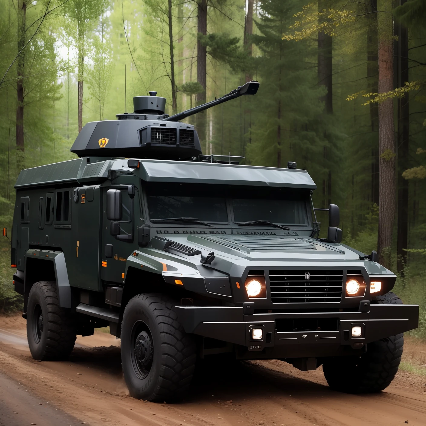Araf truck driving through a forest with trees in the background, military vehicles, equipamento militar, totalmente blindado, Sergey Vasnev, vehicle concept photo!!, armamento militar, Maxim Sukharev, vehicle photography, fortemente blindado, equipamento militar, Directed by: Artur Tarnowski, Directed by: Tadeusz Pruszkówski, Humvee