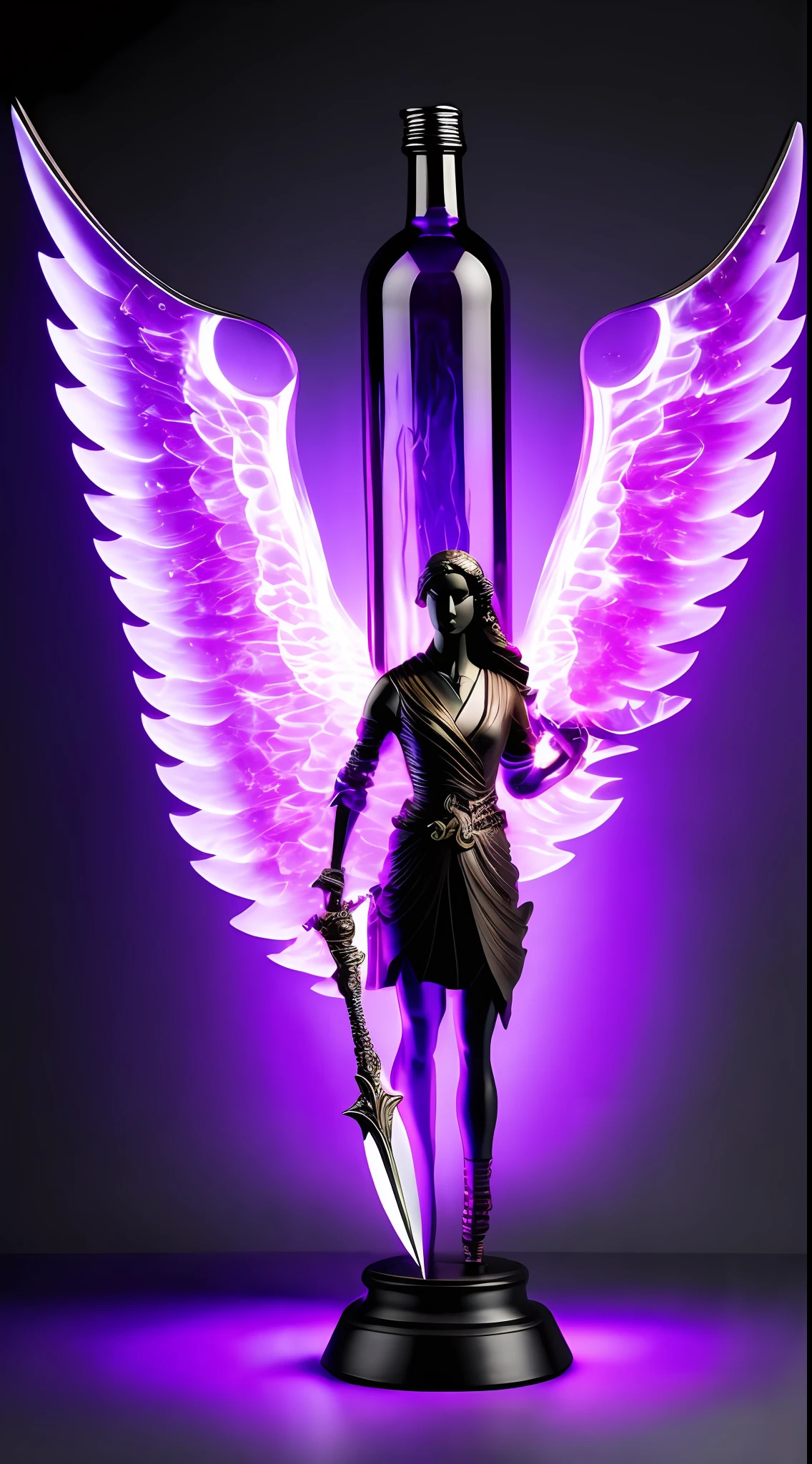 A crystal bottle sculpture of a female character holding a purple lightning sword，Facial features are perfectly depicted，It was filled with a bright pink liquid，It is illuminated by a pair of glowing angel wings on the back，Style model 1