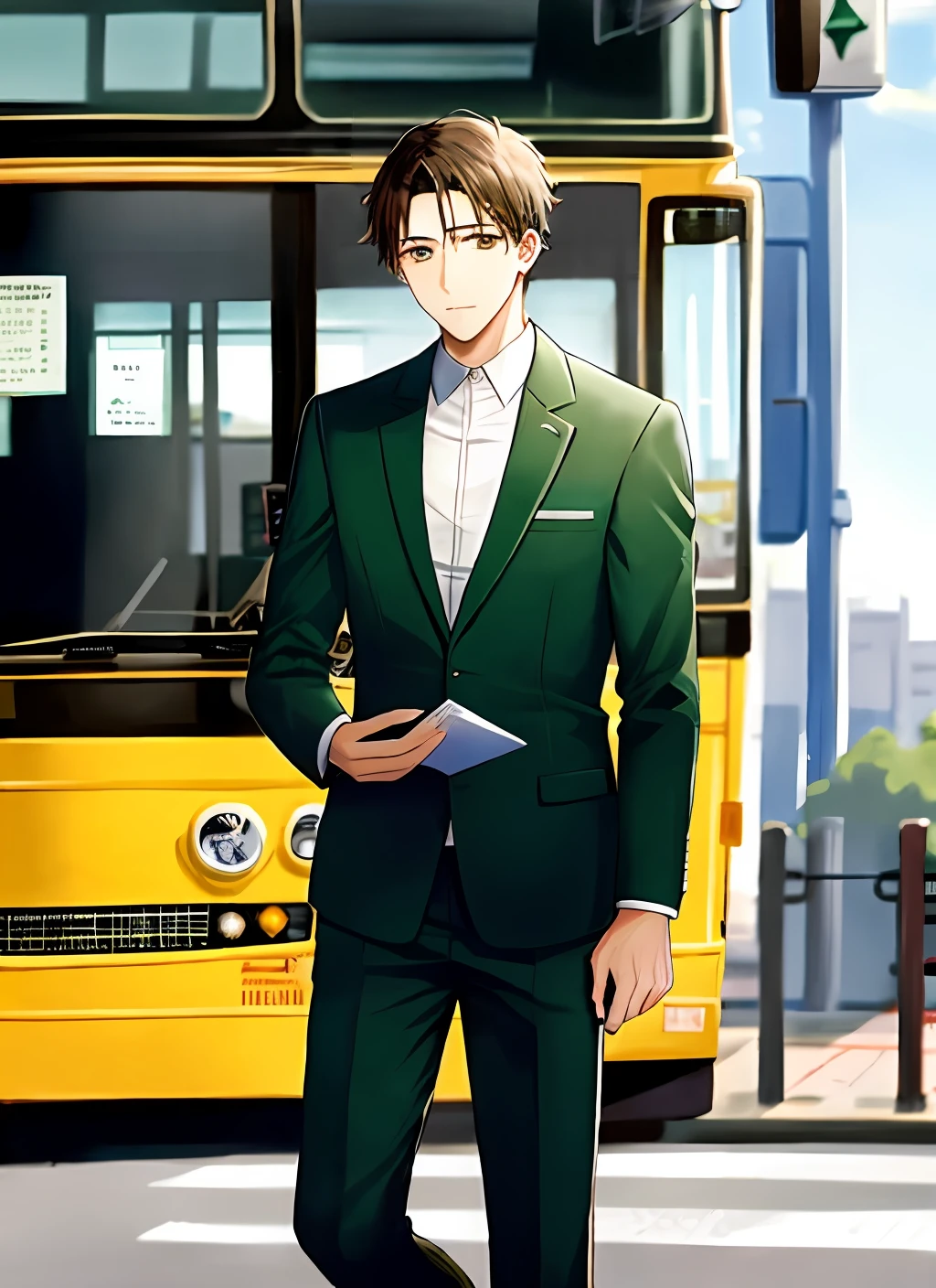 Postal buses for private use,Person Male,Wearing a green suit
