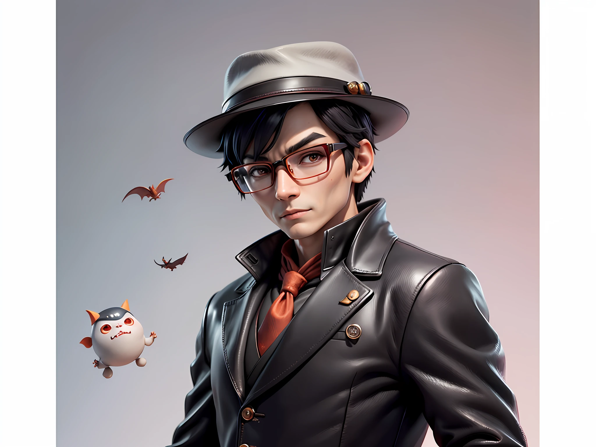 Young man with oriental face in leather hat, dragon, formal suit, short black hair, silver glasses, digital painting, 3D character design by Mark Clairedon and Pixar and Hayao Miyazaki and Akira Toriyama, the illustration is a high-definition illustration in 4K resolution with very detailed facial features and cartoon-style visuals.