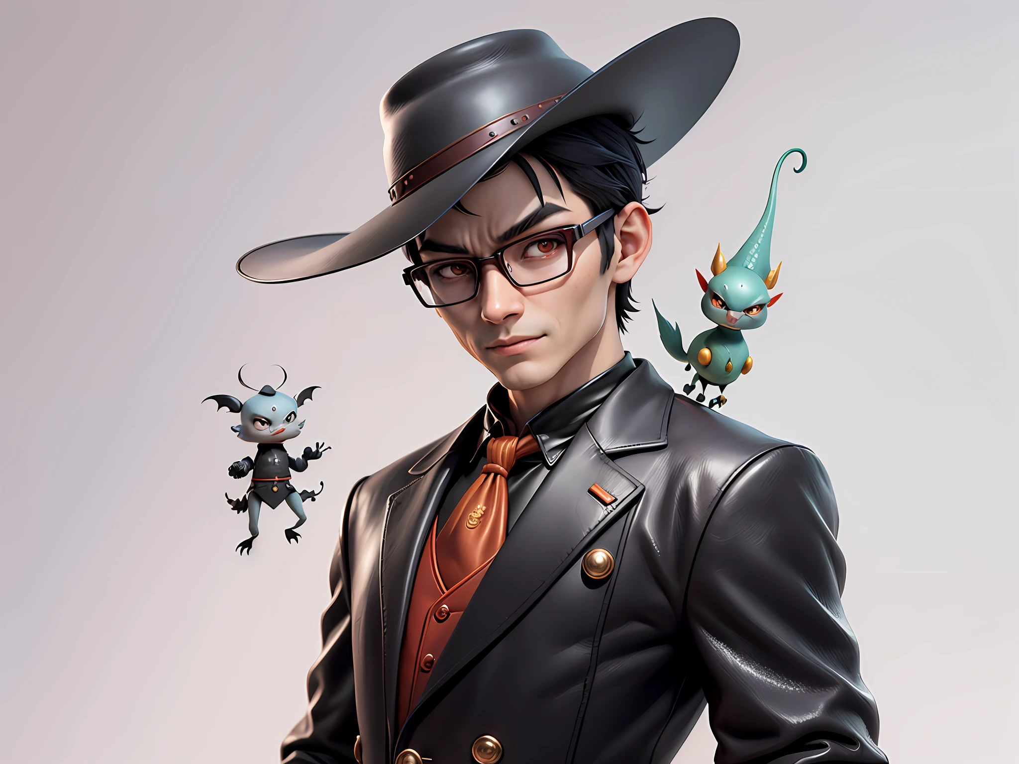 Young man with oriental face in leather hat, dragon, formal suit, short black hair, silver glasses, digital painting, 3D character design by Mark Clairedon and Pixar and Hayao Miyazaki and Akira Toriyama, the illustration is a high-definition illustration in 4K resolution with very detailed facial features and cartoon-style visuals.