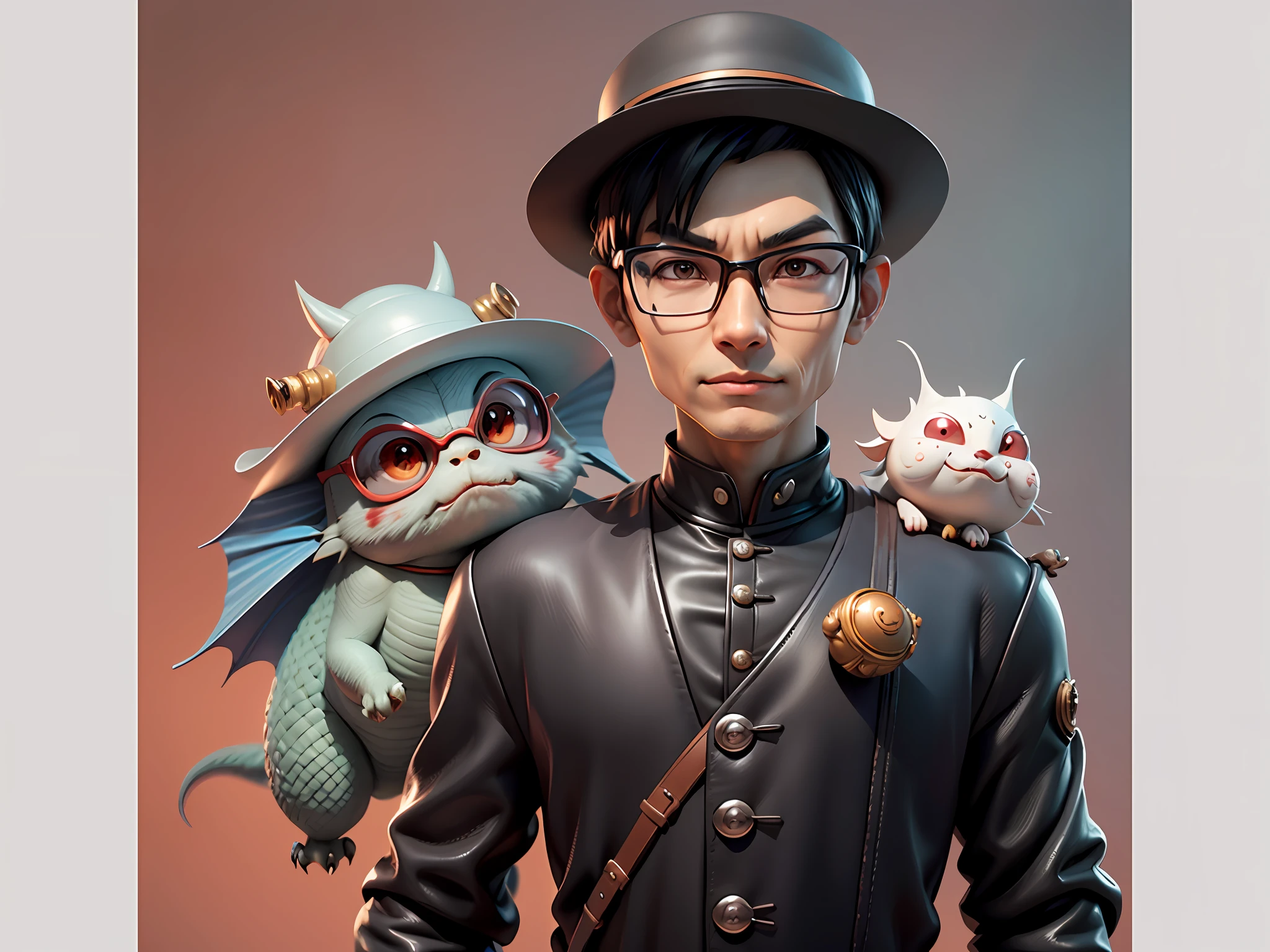 Young man with oriental face in leather hat, dragon, formal suit, short black hair, silver glasses, digital painting, 3D character design by Mark Clairedon and Pixar and Hayao Miyazaki and Akira Toriyama, the illustration is a high-definition illustration in 4K resolution with very detailed facial features and cartoon-style visuals.