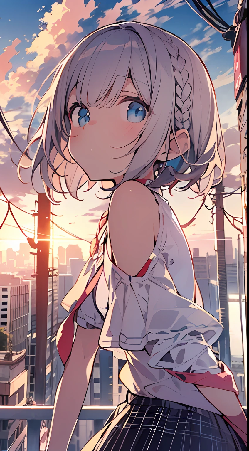 masutepiece, Best Quality,Illustration, Wallpaper, Ultra Detail, absurderes, 1loli, Solo, (Medium short hair、short braided hair), Beautiful detailed eyes , (Street), luminous sky,(a panoramic view:1.3),(Sense of depth:1.5)