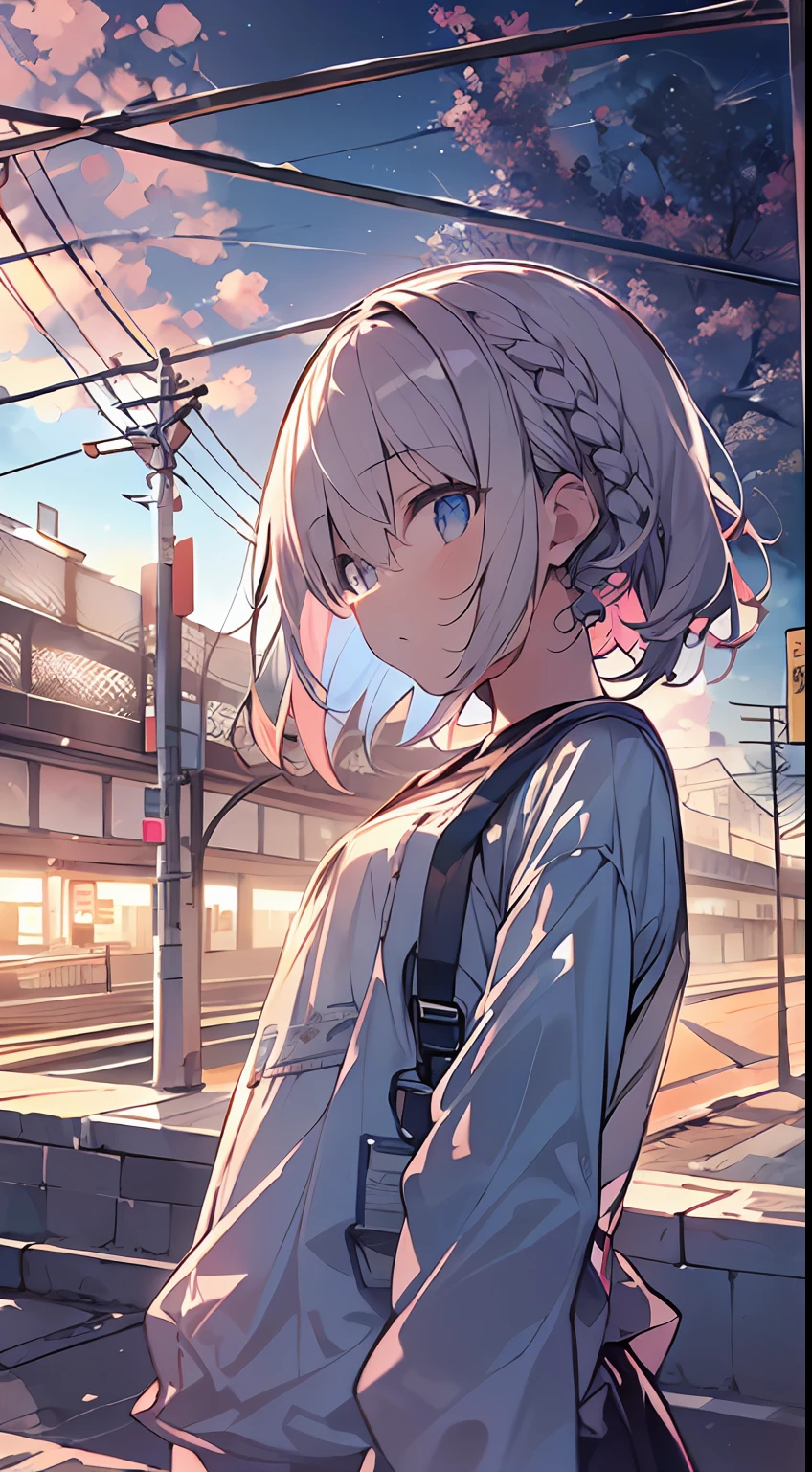 masutepiece, Best Quality,Illustration, Wallpaper, Ultra Detail, absurderes, 1loli, Solo, (Medium short hair、short braided hair), Beautiful detailed eyes , (Street), luminous sky,(a panoramic view:1.3),(Sense of depth:1.5)