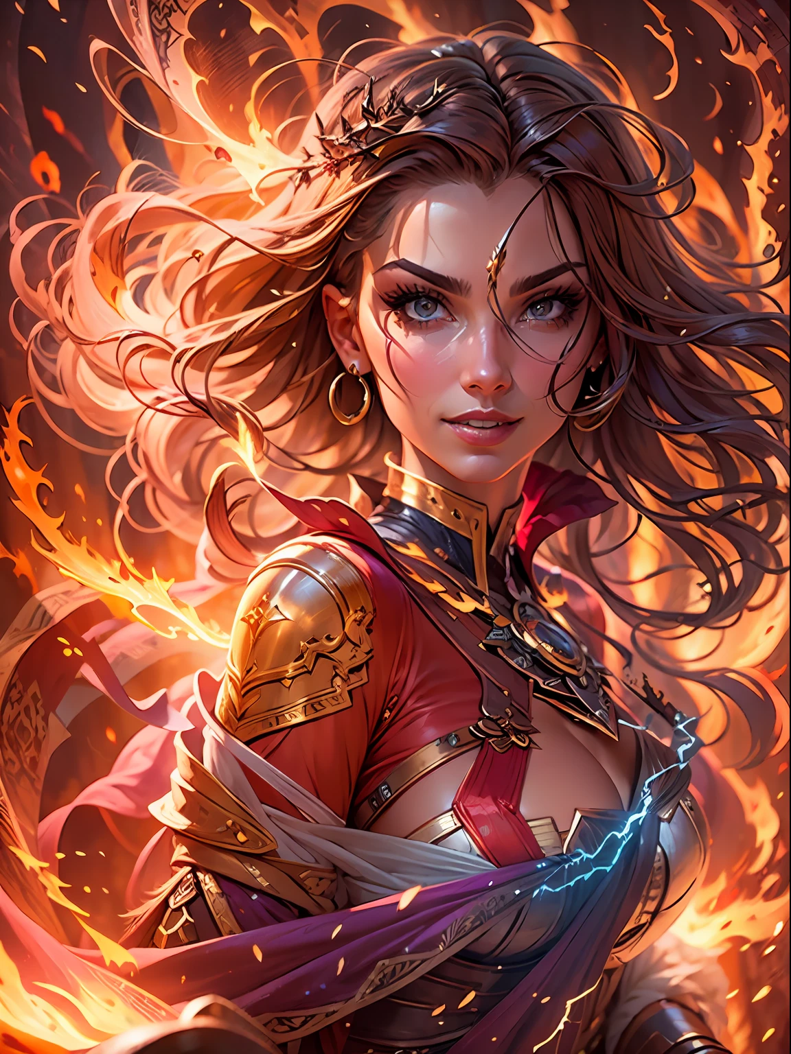 potrait a beautiful sorceress casting a lightning bolt spell, she is standing on a burning ground, fantasy background, various of lightning spark dazzling around her, fierce aura, countless of electric line run along her body, lightning armor, detailed revealing sorceress clothes, thunder in the background, BREAK detailed face, detailed shiny eyes, tall body, seductive body, mature body, full body, random pose of casting spell, medium breast, smile, looking at viewer, the around her is bursting with otherworldly power, BREAK best quality, masterpiece, trending deviant art, official art, 4k wall paper, fantasy, focused, perfect composition, cool color, vibrant color