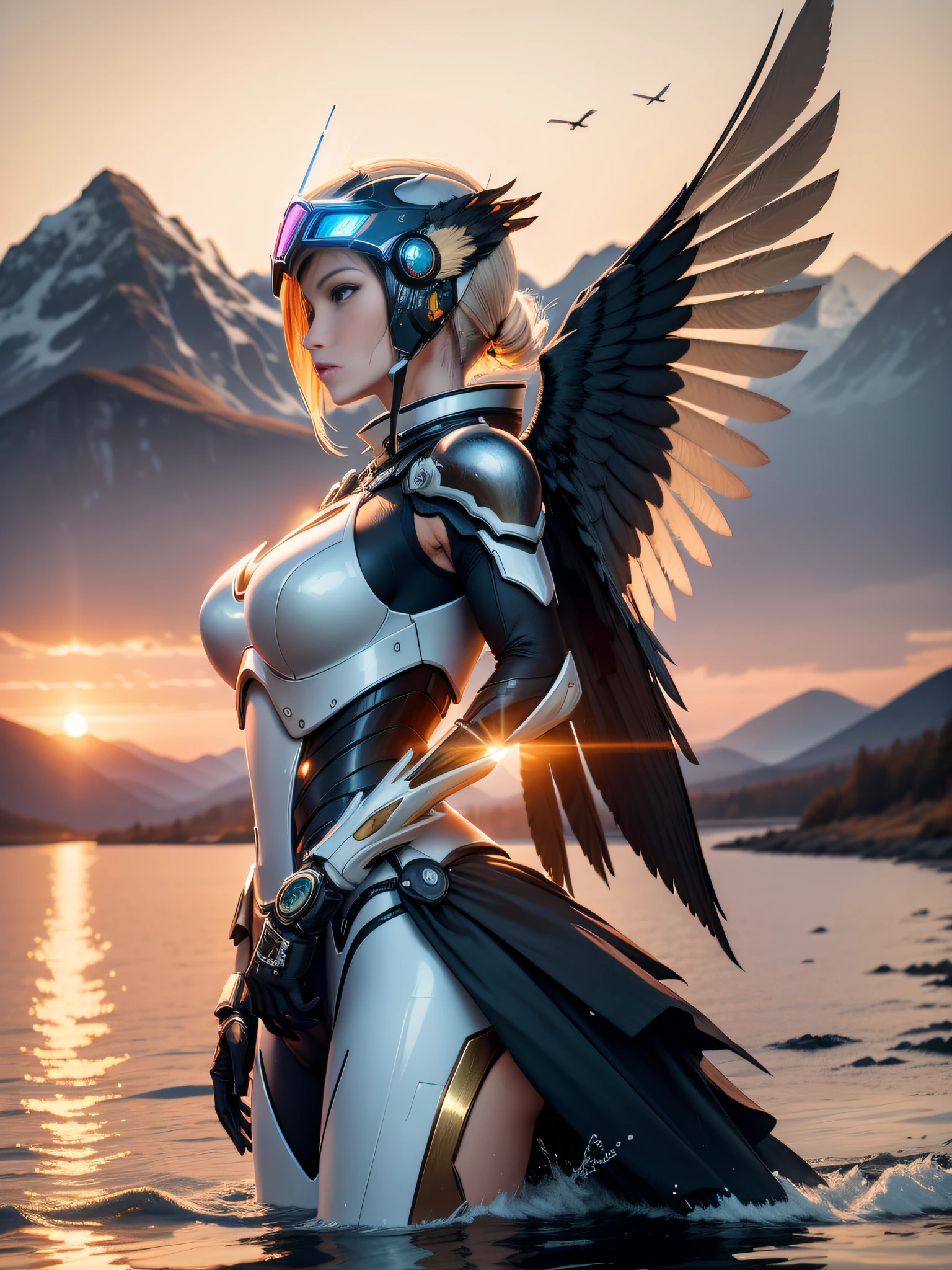 A cybernetic Araped bird in power armor flew over the water, flying through sunset, very beautiful photograph of, at a beautiful sunset, A cybernetic Araped bird in power armor flies over the water, A lake surrounded by mountains, There are some aquatic plants in front of the camera, phragmites, amazing shot, beautiful and spectacular dusk, in a golden sunset sky, In the sunset, late sunset, The mountains are reflected in the water, Beautiful photo, flying around the bird, award - winning shot, award-winning shot, (realisticlying:1.5), (realisticlying:1.2), A detailed, rendering, Epic, Biomechanical Arafeld bird, shelmet, massive wings, white plastic, diffuselighting, dynamicposes, 复杂, ellegance, (Dynamic background), highly detailed, ellegance, Sharp focus, photography of:greg rutkovsky, gentlesoftlighting, Vivid colors at sunset, Sunset photo, hyper HD, A high resolution, Award-Awarded, Masterpiece, ccurate, Super detail, Best quality, 8K, 16k, hyper HD, Masterpiece, ccurate, Super detail, Best quality, A high resolution, Award-Awarded, 8K, yes, 16k