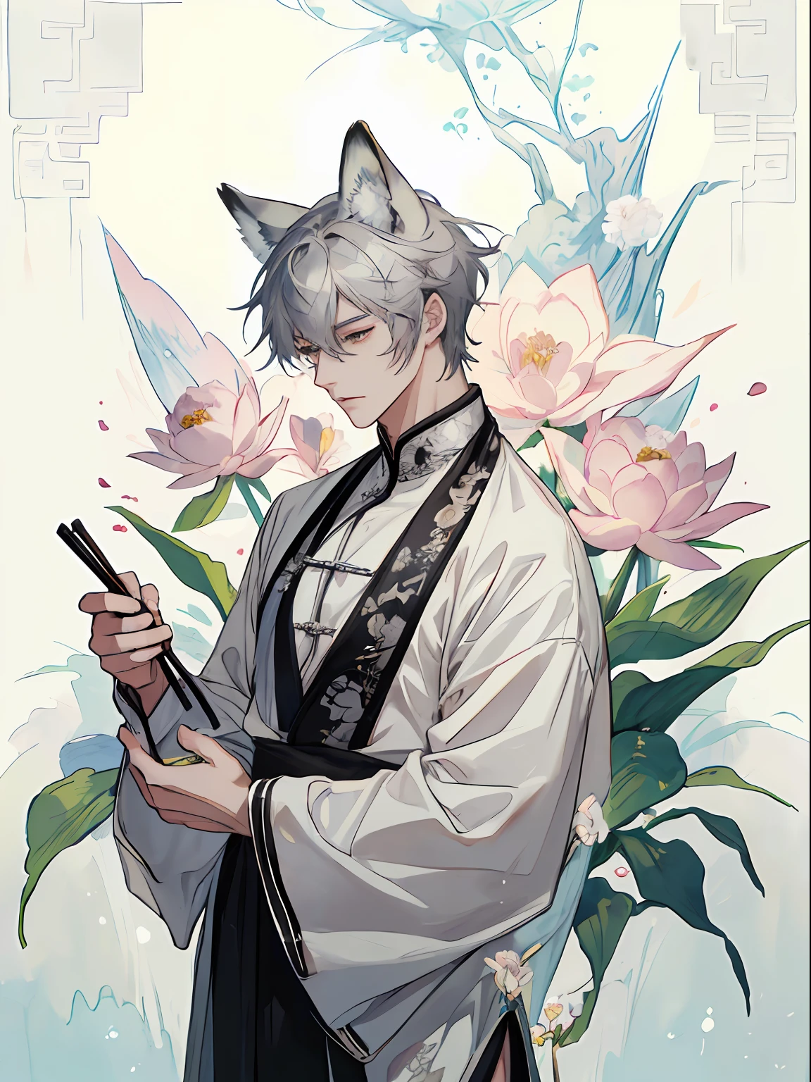 ((4K、masterpiece、top-quality))、Beautiful fox ears gray hair man and black hair strong man with wolf ears、ink and watercolor painting、Traditional Chinese Ink Painting、lotuses、Hanfu、Maxi Kit、Dress conservatively、Animal ears,、bule、florals、Lots of flowers nearby、shenron、extra detailed face