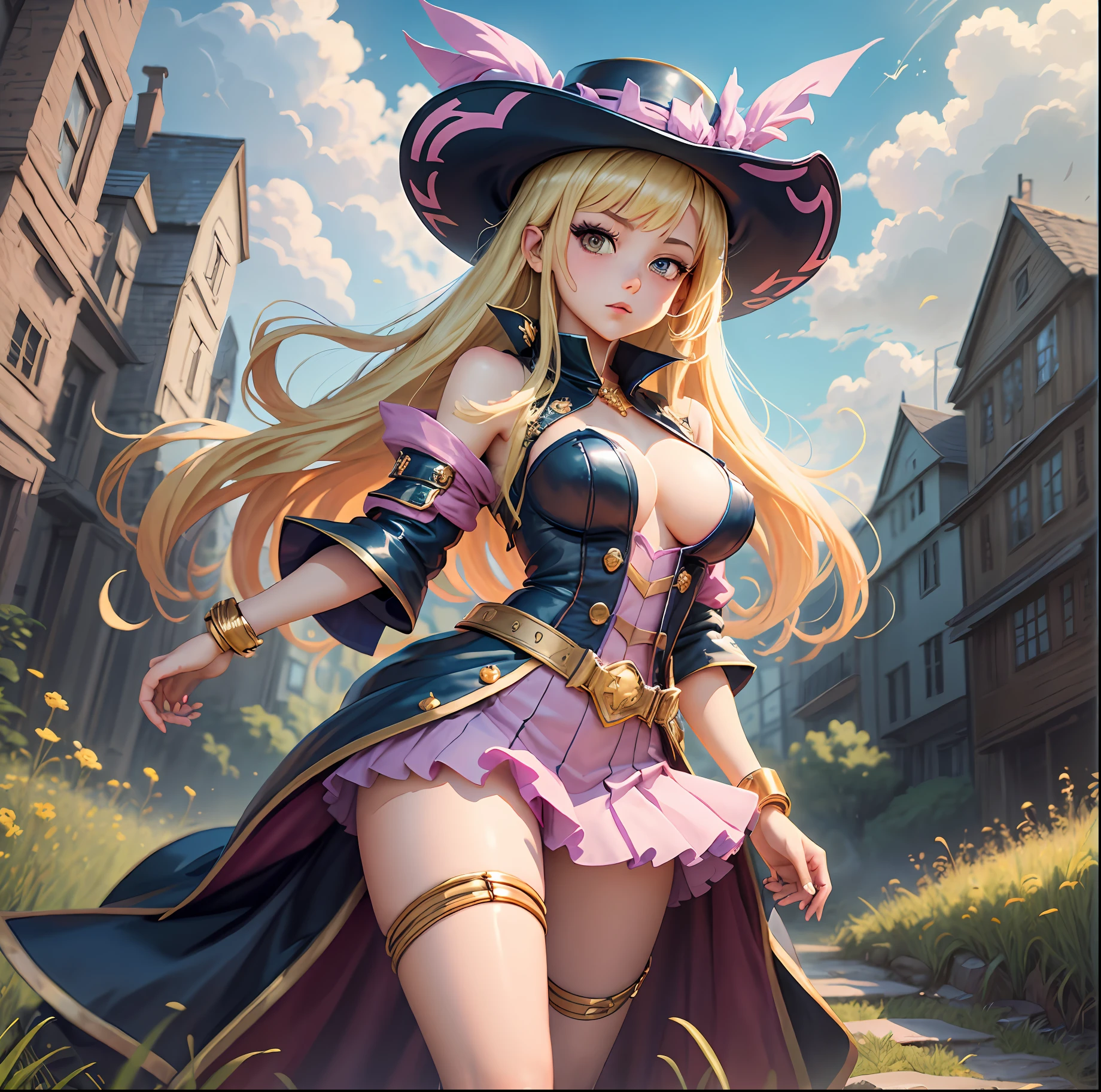 Light blue clothing color,The edges of the clothes are pink,Golden hair,Cartoon character in hat,Full body photo,grassy fields,Bigchest,tmasterpiece,CG,High picture quality,A high resolution,Black Magician Girl,beautiful dark magician girl,dark magician girl from yu-gi-oh,Yugioh artwork