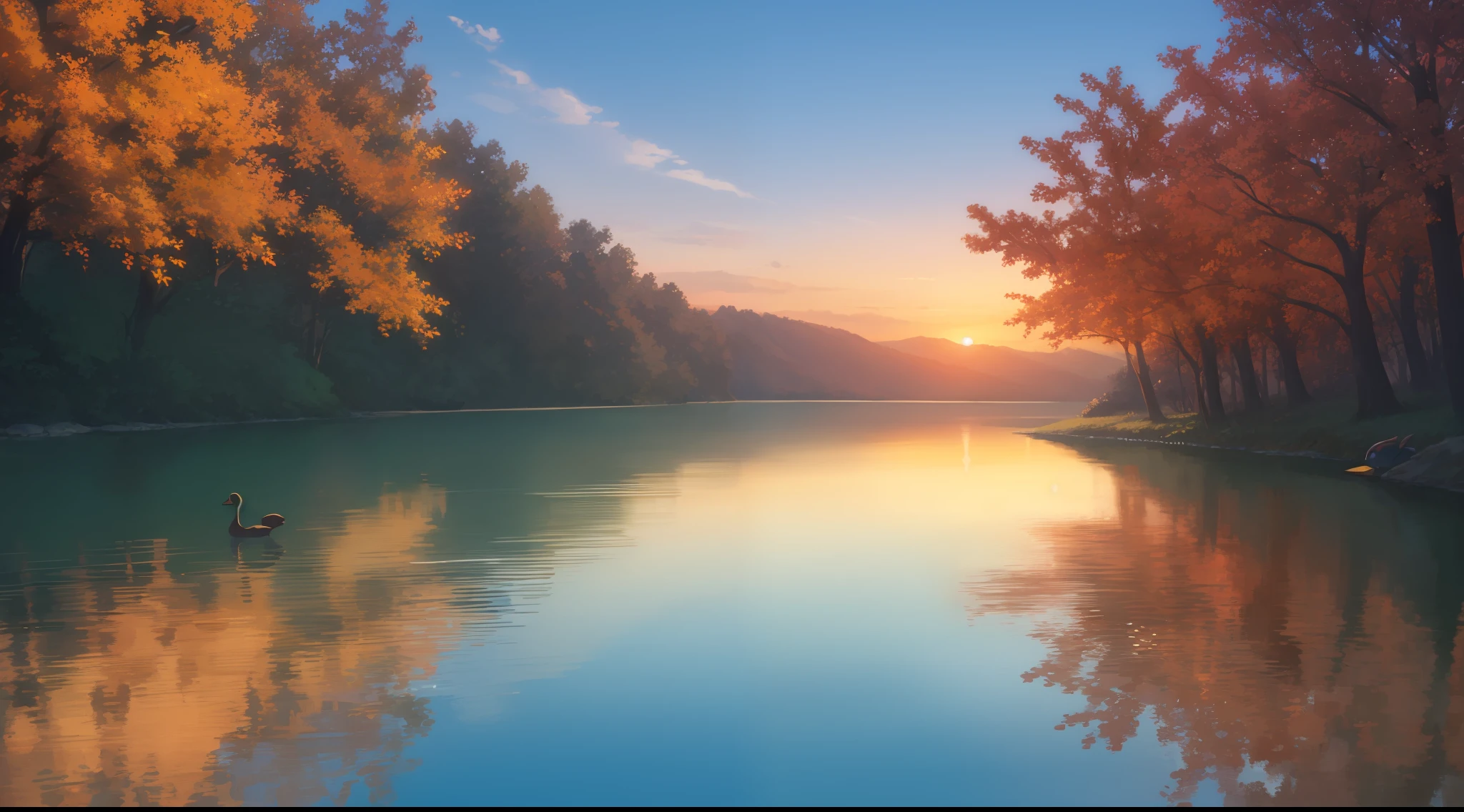 The sunset and the lone duck fly together, and the autumn water is the same color as the sky