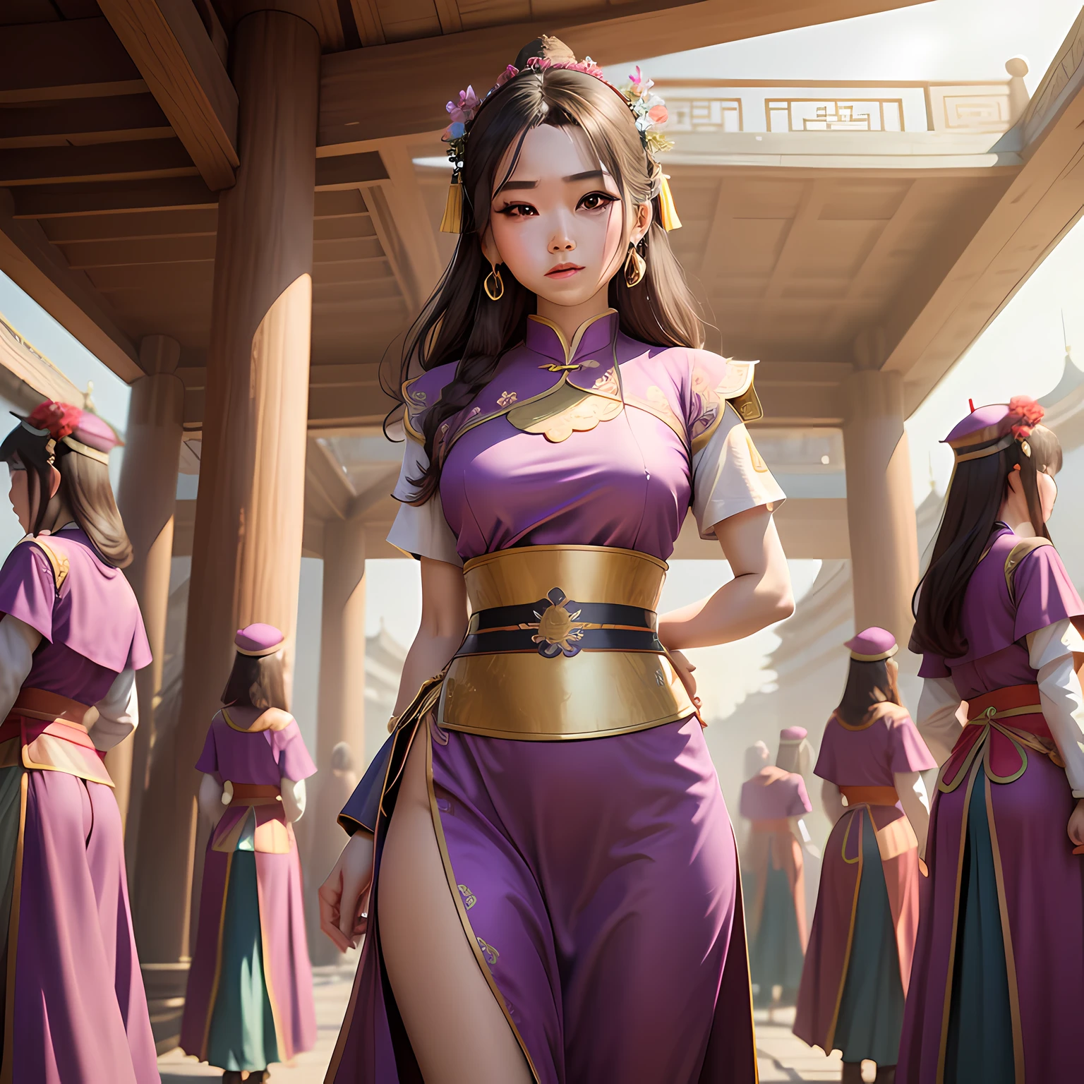 one-girl， Chinese Qin dynasty purple clothing， full bodyesbian， rays of sunshine， Clear face，Stand in line with other palace maidens， The background is the palace of the State of Qin， tmasterpiece， super detailing， Epic composition， hyper HD， high qulity， extremely detaile， offcial art， National style
 8k wallpapers， super detailing， 32k