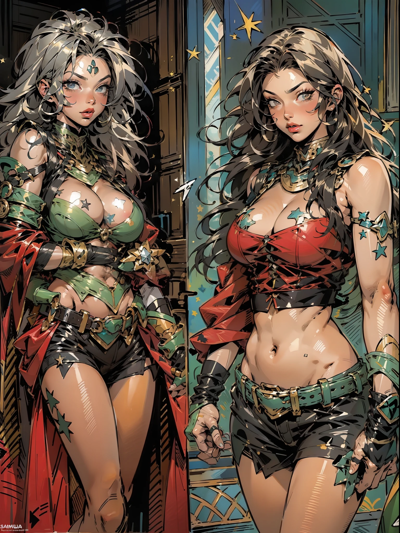 (((mulher))), (((melhor qualidade))), (((obra prima))), (((adulta))), Uma guerreira mulher de 35 anos com corpo perfeito, She-Lobo, (( under boobs )), ((( micro saia ))), ((( cinta liga ))), quase nua no estilo selvagem urbano de Simon Bisley para a capa da revista Heavy Metal, cabelo loiro, Minimum clothing, armadura (vermelho escuro com estrelas brancas), cheio de pontas e rebites manchadas de tinta, tatuagem de estrelas de 5 pontas, (((corpo inteiro))), cabelo preto curto com franja branca cobrindo a testa