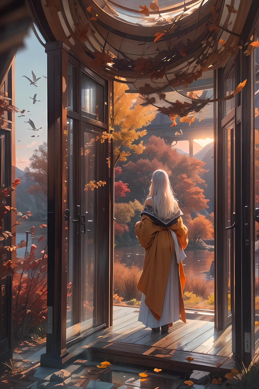 high high quality，Best quality at best，Realiy，Super realistic，super detailing，A high resolution，8K，Very realistic，tmasterpiece，intricately details，offcial art， RAW photogr， Incredibly Ridiculous res， (super wide shot), Holy light,动态照明， cinmatic lighting，finedetail，Epic fantasy digital art style,Stunning view in autumn。The whole scene is bathed in the setting sun，A warm golden glow renders the whole picture。At the highest point of the picture，A flock of flying geese flies in formation，They spread their wings and fly，forming a beautiful arc，It's like telling the story of travel，The trajectory of the wild goose is clearly visible，Leave unique lines and movements，Under the flying wild geese，This is a vast autumn sky，Azure and vast。Part of the sky is dyed warm red by the setting sun、Orange-yellow and dark purple，Form a cloud-like mass layer，It was as if there was a flame burning in the sky，The colors of the setting sun shine in the sky，Bloom like a gem。In the sunset，It is a soft orange-red band of light，Reflected on the lake，Blend in with the lake view，The lake is wide and calm，It's like a mirror，The reflection on the surface of the lake is blurry，Disorientation，It's like an abstract painting，The mountains in the distance are quiet，It seems to guard this idyllic autumn landscape，The picture is full of peace and harmony，It gives a quiet and distant feeling，The whole painting presents a spectacular sight，Showcase the power and beauty of nature，Stroll through the colorful sunset，Lonely wild geese soaring freely against the backdrop of the lake，The work is full of natural vitality and vitality，At the same time, It also reveals a serene and deep emotion，Immerse people in it，Feel the wonder and vastness of nature