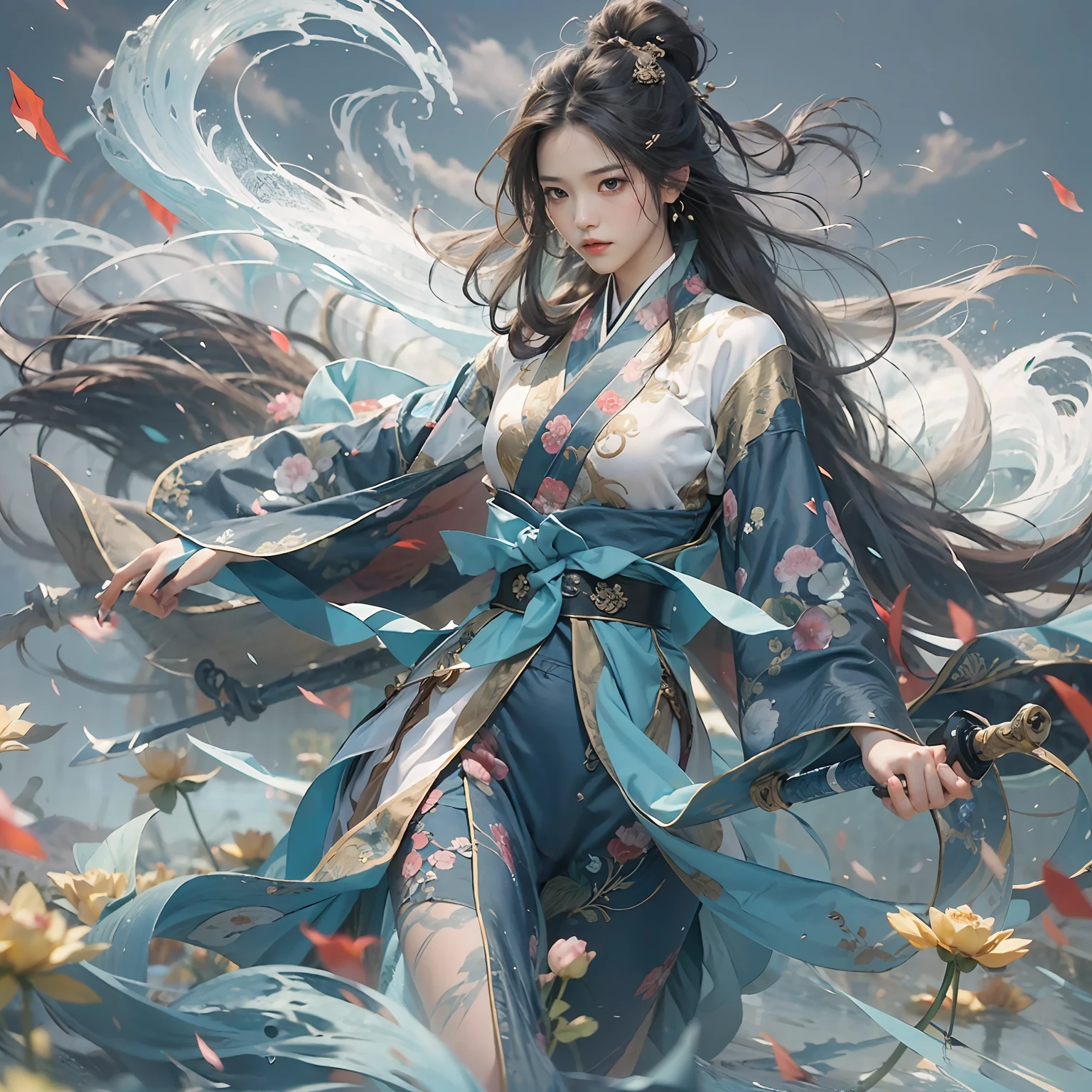 ((4K,Masterpiece,Best quality)),lotuses, Hanfu, maxikit, Dress conservatively 1girl, Solo, Blue long hair, ssmile, standing on your feet,flowy,knight-errant,wine jugs,sword,Walk in righteousness,knight-errant,Change,Combat defense,martial art pose,Kung Fu Movements,Wave weapons,Bigchest,Thin waist and thick hips,Charming,Moving,Enchanted,seductiv,Impeccable,prette,Fine,National style💘,Martial arts style,juicy legs,Hanfu elements,classical,nice hand,delicated,the detail,Texture,changing winds and clouds,Big waves,Surge forward,
