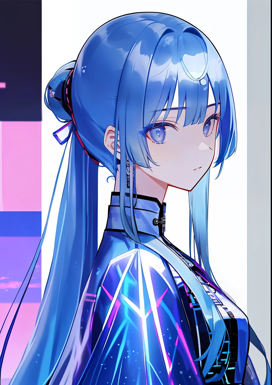 Best quality, Masterpiece, 超高分辨率, 1girll, Blue hair, Cyberpunk, holograph, Transparent, City, toplight, view the viewer, Very long hair, Portrait,