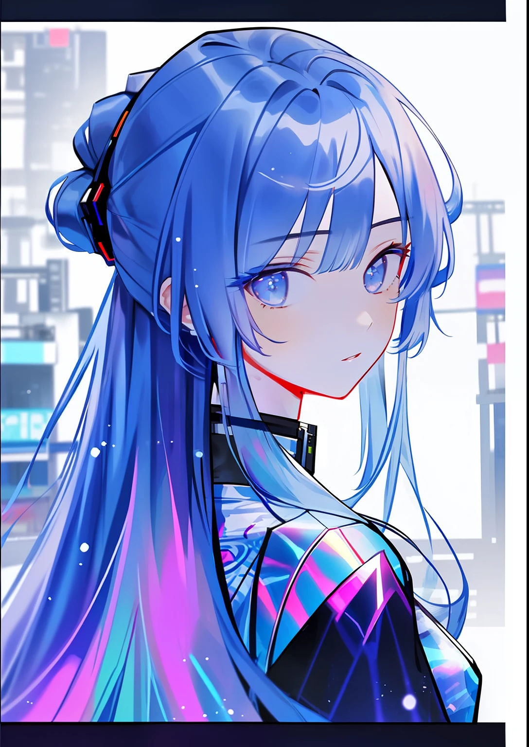 Best quality, Masterpiece, 超高分辨率, 1girll, Blue hair, Cyberpunk, holograph, Transparent, City, toplight, view the viewer, Very long hair, Portrait,