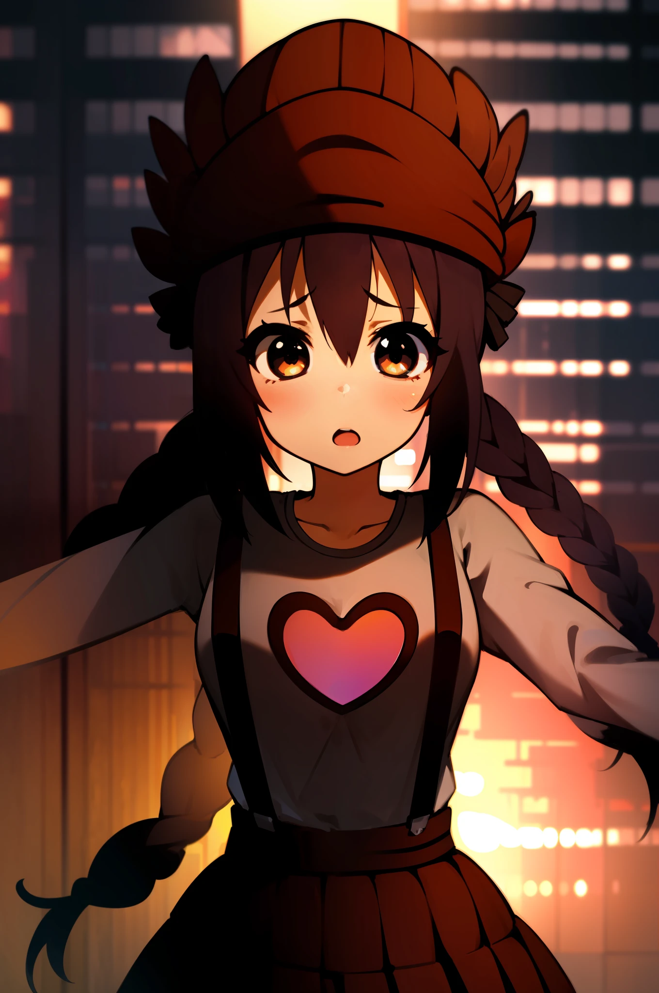 1girl, (((masterpiece))), top-quality, top-quality, High Details, nakano azusa, 1girl, Twin-tailed, length hair, A dark-haired, brown-eyed, Gray T-shirt.suspenders.a black skirt.illustratio, comic strip, soothing tones, Subdued Color, Soft cinematic light, adobe lightroom, photolab, HDR, intricately and hyper-detailed、(((depth of fields))))。(((masterpiece)))。(((top-quality))).)((ultra-detailliert)))。(((illustratio)))。(((takeout))).dynamic focus.big breasts.(((Skyscrapers))).(((A city scape))).(((Face of sadness))). open mouth.(((fighting stance))).(((up chest))).((evening glow)).((the setting sun)).(((Heart on chest))).Feathered hat