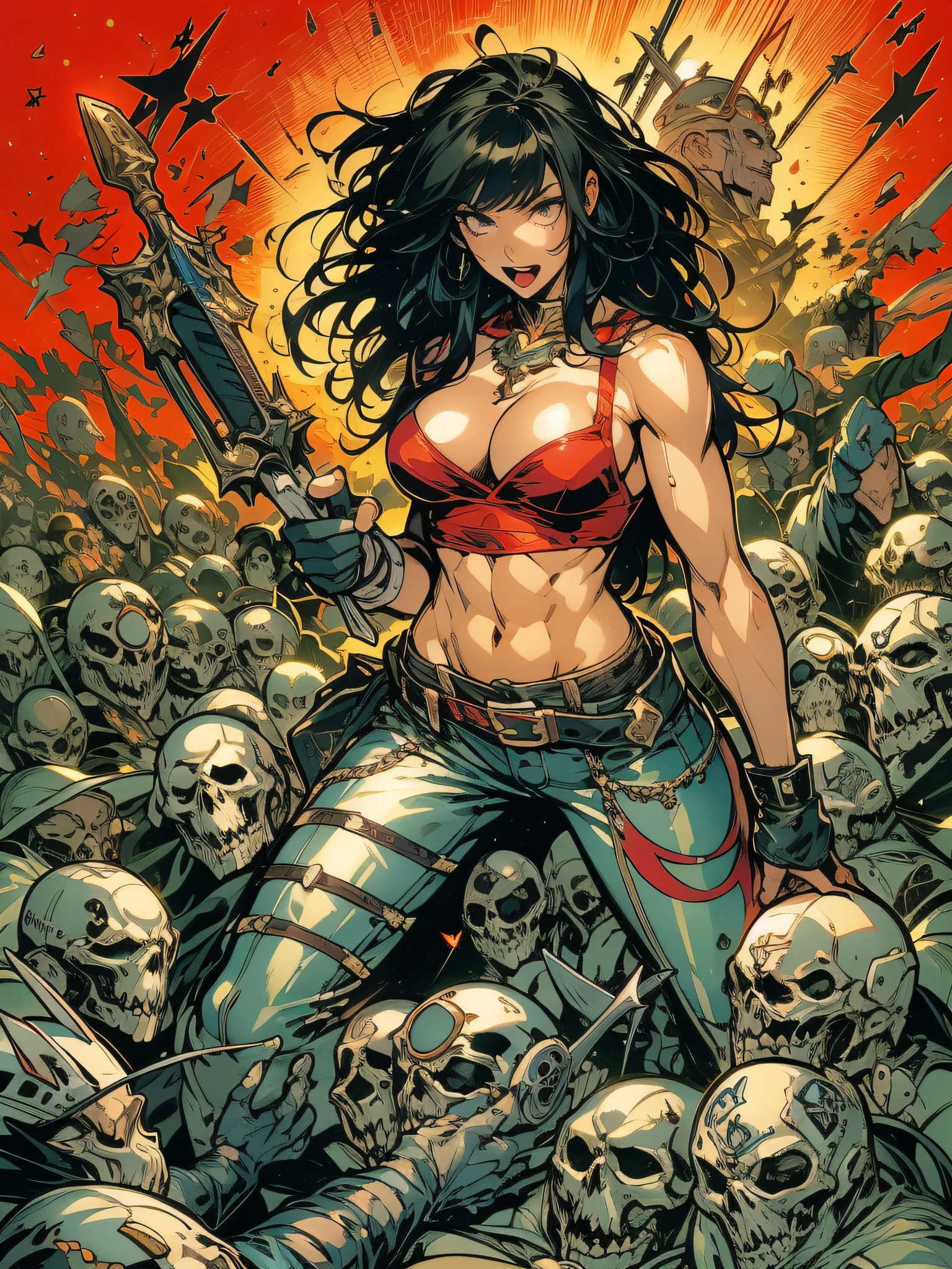 (((mulher))), (((melhor qualidade))), (((obra prima))), (((adulta))), Uma guerreira mulher de 35 anos com corpo perfeito, She-Lobo, (( under boobs )), ((( micro saia ))), ((( cinta liga ))), quase nua no estilo selvagem urbano de Simon Bisley para a capa da revista Heavy Metal, cabelo loiro, Minimum clothing, armadura (vermelho escuro com estrelas brancas), cheio de pontas e rebites manchadas de tinta, tatuagem de estrelas de 5 pontas, (((corpo inteiro))), cabelo preto curto com franja branca cobrindo a testa