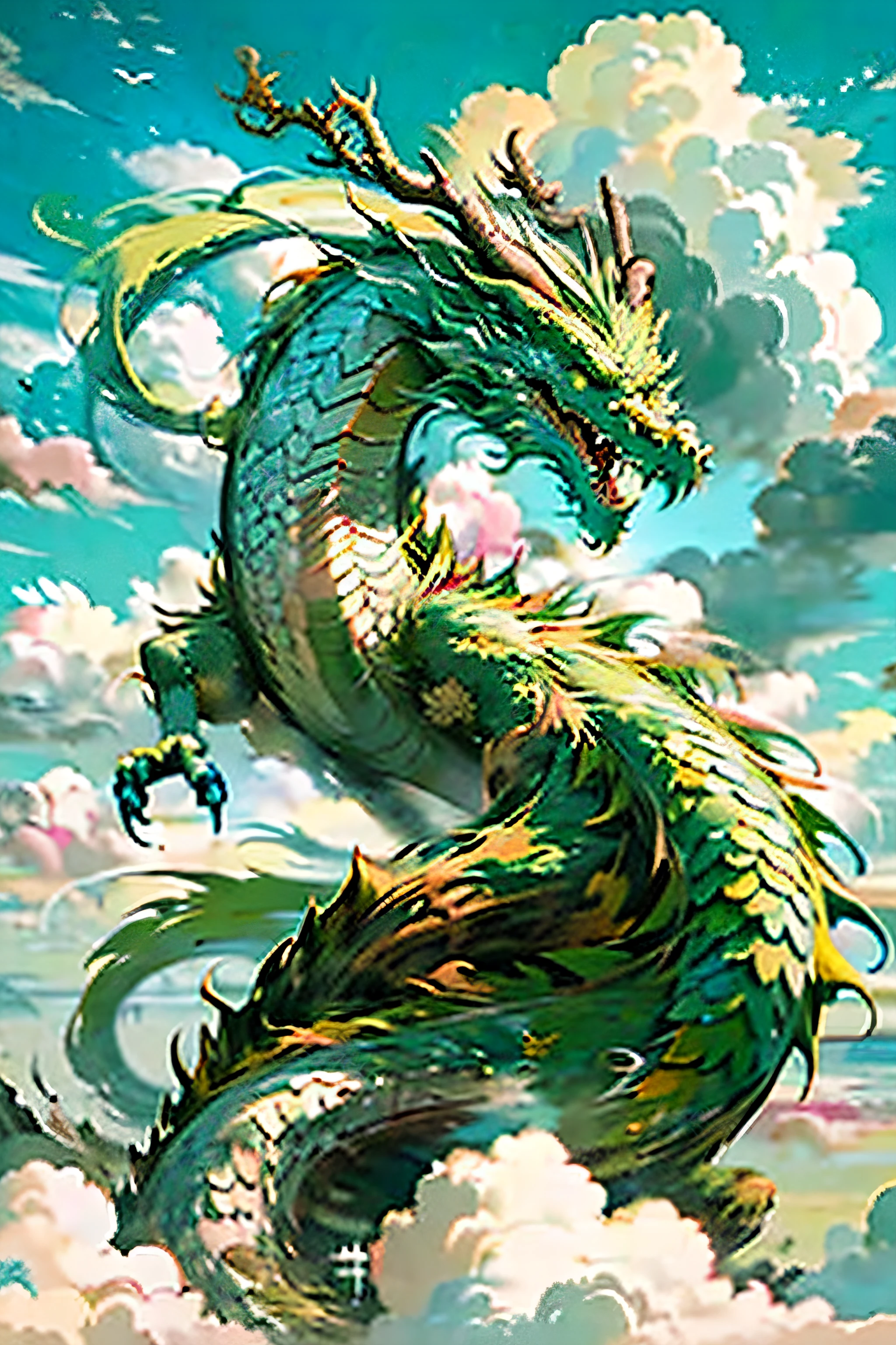 Best quality, masterpiece, super high resolution, no human, (length: 1.2), sky, yellow eyes, clouds, scales, green oriental dragon, open mouth, sharp teeth, flying, horns, teeth, sky, claws, fangs, blue sky
