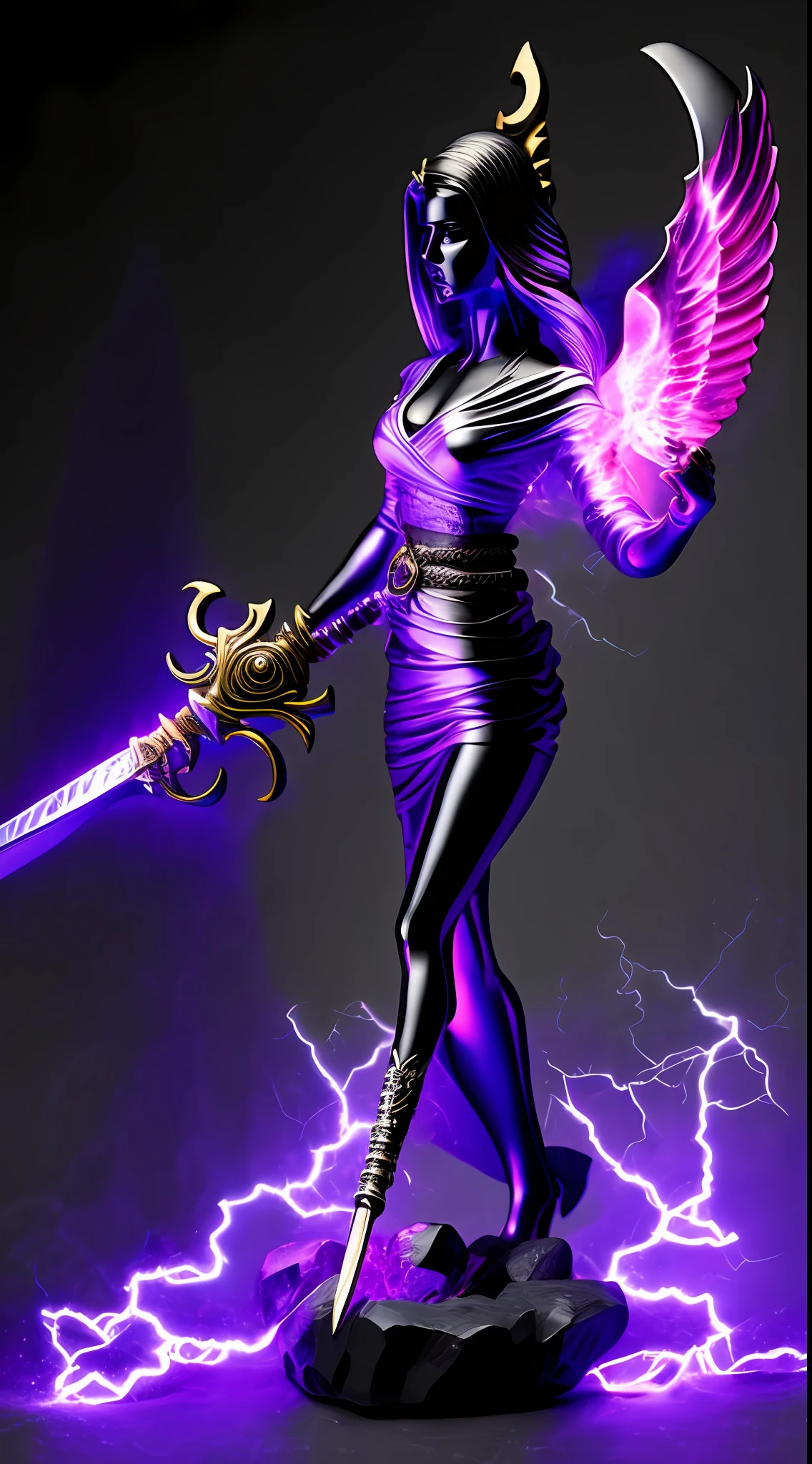 Crystal sculpture of female character holding purple lightning sword，Facial features are perfectly depicted，It was filled with a bright pink liquid，It is illuminated by a pair of glowing angel wings on the back，Style model 1