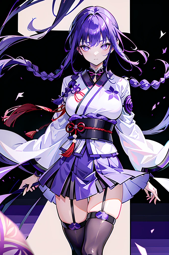 Raiden general,Purple colored hair,Purple pupils,Asian face,the hair flutters with the wind,The back of the hair is braided into a large braid,Bigchest,Black stockings,Japan shrinks and serves,Bust photo,Light and shadow tracking。