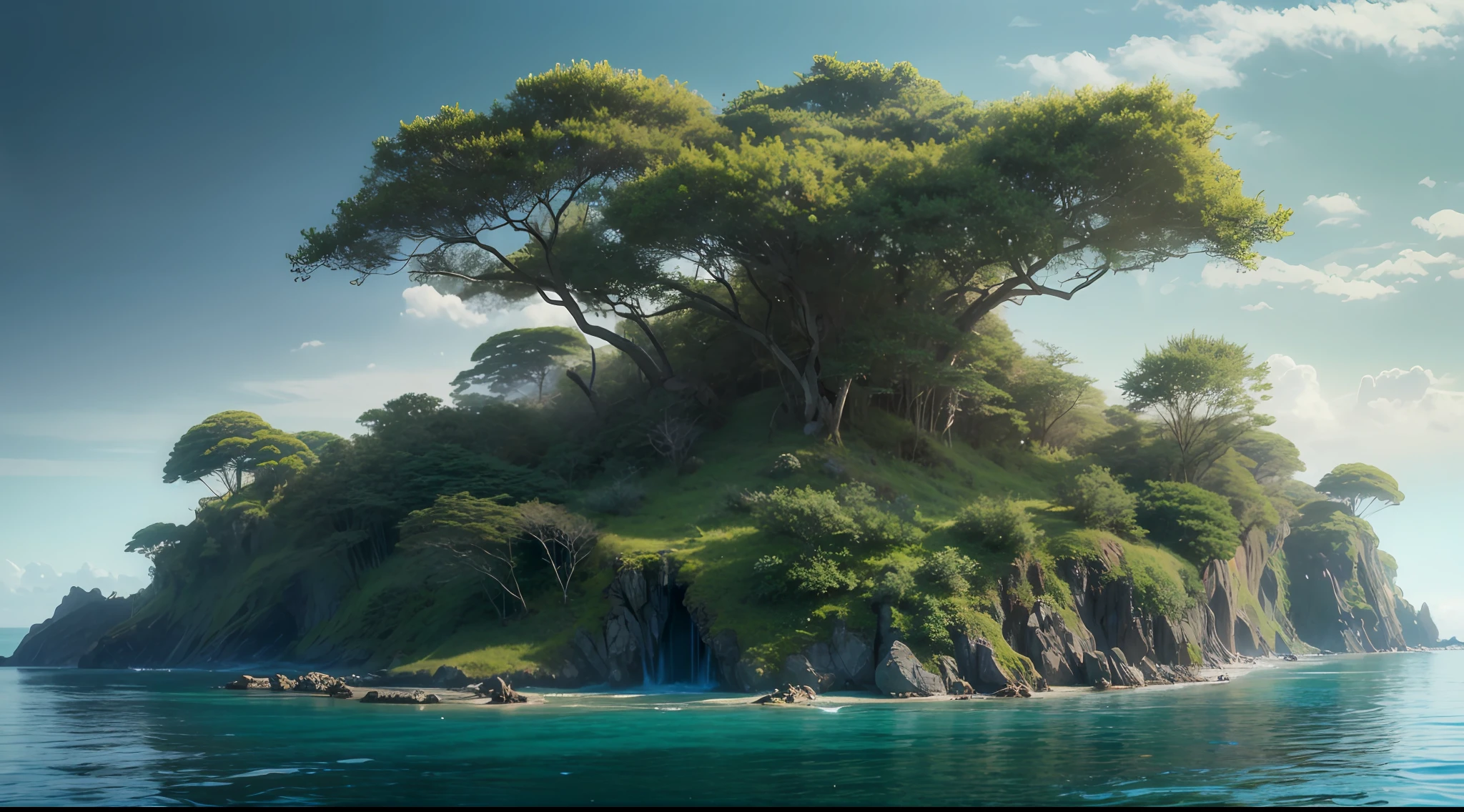 An uninhabited island in the middle of the ocean、Magic Island、mystical、jungles、、Magical、Fantastical、Very realistic, photograph, Super Detail, high details, High quality, 8K