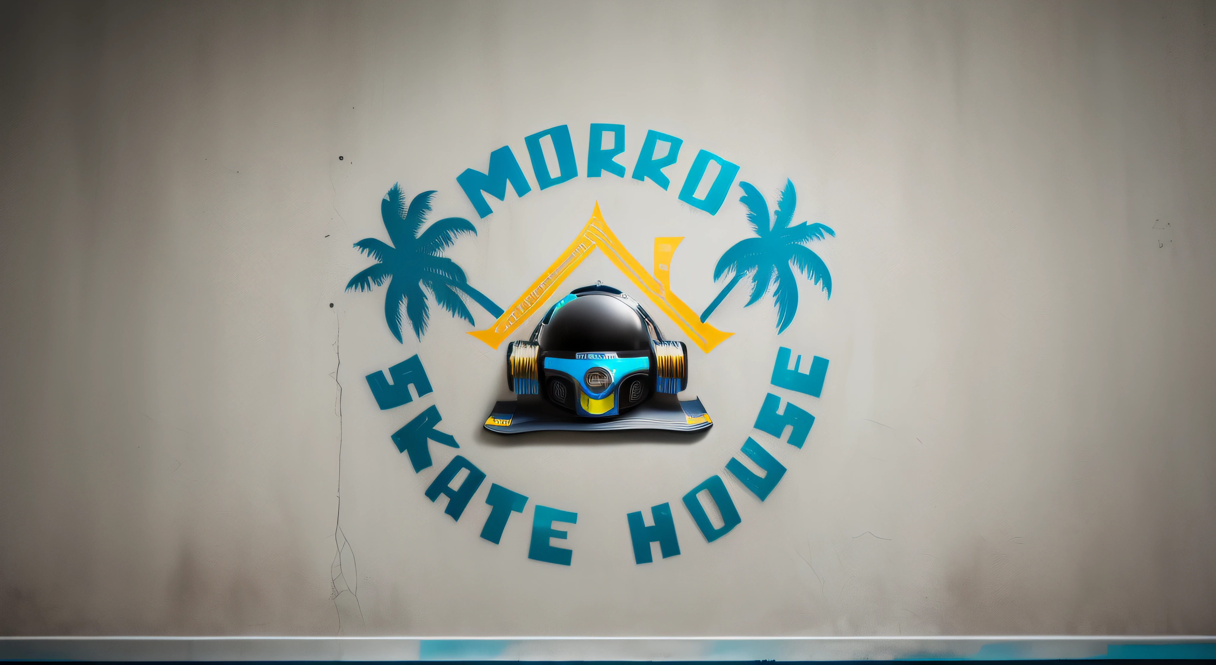 a closup of a skateboard logo in a house and palm trees, Realistic logo, detalhes realistas, skate realista, detalhes metalicos, porca do parafuso, boracha de silicone, parede pixada com grafittis coloridos de plano de fundo, (background: parede) background is a wall, skate style, street style, ultra realista, detalhado, ultra HD, 4K, photorealistic