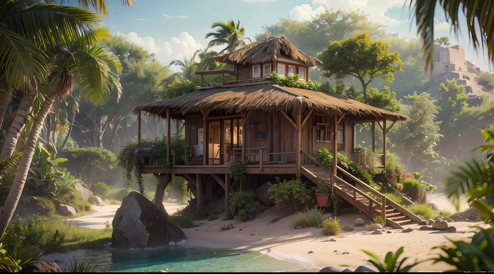 A mysterious house on a desert island、Jungle in the background、Resort、Magical、Fantastical、Very realistic, photograph, Super Detail, high details, High quality, in 8K
