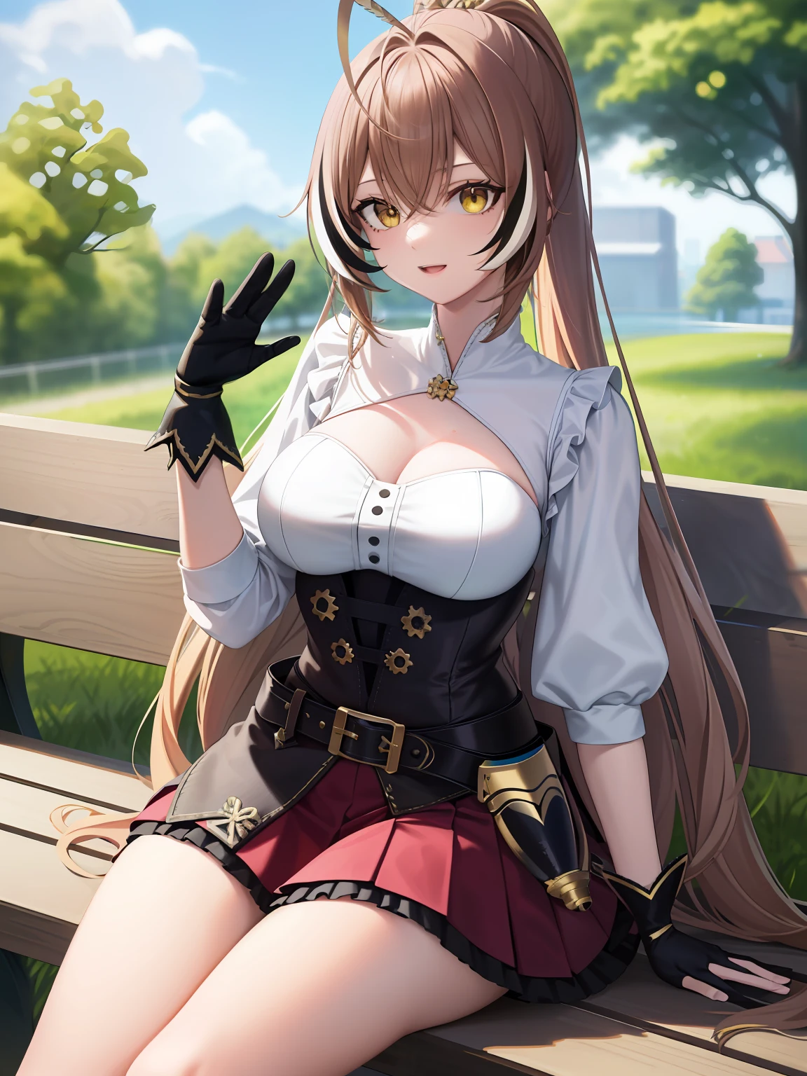 2D, Masterpiece, Best quality, anime big , Highly detailed face, highly details eye, highly detailed back ground, Perfect lighting, full bodyesbian, 1girll, Solo, nanashmei, Sitting, Waving, park bench, tree, (From the side Side:0.7), shirt, Corset, cleavage cingle thighhigh, Red skirt, knife, belt, Partially fingerless gloves, hair pin, feater, pony tails, Very long hair, :d full of bubbles fluffy summer sport T-beam space background cyberpunk fashion single design space background ((yellow navy: 1.3) + (Fashion: 1.1) + (Trendy: 1.2)), (perpect nike mark), (corona rendered), ((Summer sports T-Hu concept + concept art design): 1.3), (8K: 1.3), (2:3 aspect ratio + Warm color Q2), (750 pixels), ((fashion elements) :(1.1+ Yellow navy blue T-shirt,fashion elements)), (dynamics: 5)
