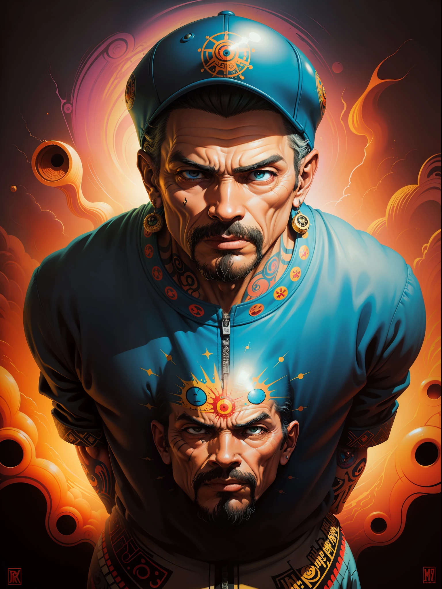 a cartoon of a man in front of a wall, don ramon, chicano airbrush art, swagger! lowrider culture, by Dave Arredondo, grafity, smogpunk, gangster, cartoon style, lowrider style, in graffiti style, cartoon art, crips, lowbrow art style, gta art, graffiti style, artwork, psychedelic painting, psychedelic illustration, beksinski and alex gray, style of alex grey, dan mumford and alex grey style, psychedelic dmt
