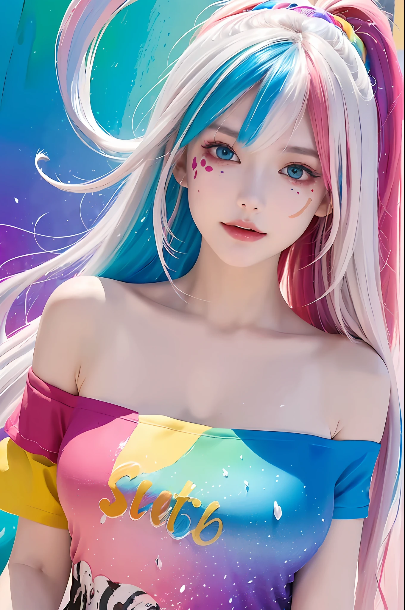 (Pink Fashion T-shirt:1.9),(Colorful hair: 1.8), (all the colours of the rainbow: 1.8),(((((vertical painting:1.6))), (painting:1.6),front, comics, illustrations, paintings, large eyes, crystal clear eyes,( rainbow color gradient high ponytail:1.7), exquisite makeup, closed mouth,(Small Fresh: 1.5),(Wipe Chest: 1.6) ,long eyelashes, white off shoulder T-shirt, White Shoulder Shirt,looking at the audience, large watery eyes, (rainbow colored hair:1.6), color splash, (solo:1.8), color splash, color explosion, thick paint style, messy lines, ((shining)),(colorful), (colorful), (colorful), colorful, Thick Paint Style, (Splash) (Color Splash), Vertical Painting, Upper Body, Paint Splash, Acrylic Pigment, Gradient, Paint, Highest Image Quality, Highest Quality, Masterpiece, Solo, Depth of Field, Face Paint, colorful clothes, (Elegant: 1.2), gorgeous,long hair, wind, (Elegant: 1.3), (Petals: 1.4),(((masterpiece))),(((best quality))),((ultra-detailed)),(illustration),(dynamic angle),((floating)),(paint),((disheveled hair)),(solo),(1girl) , (((detailed anima face))),((beautiful detailed face)),collar,bare shoulders,white hair, ((colorful hair)),((streaked hair)),beautiful detailed eyes,(Gradient color eyes),(((colorful eyes))),(((colorful background))),(((high saturation))),(((surrounded by colorful splashes))),