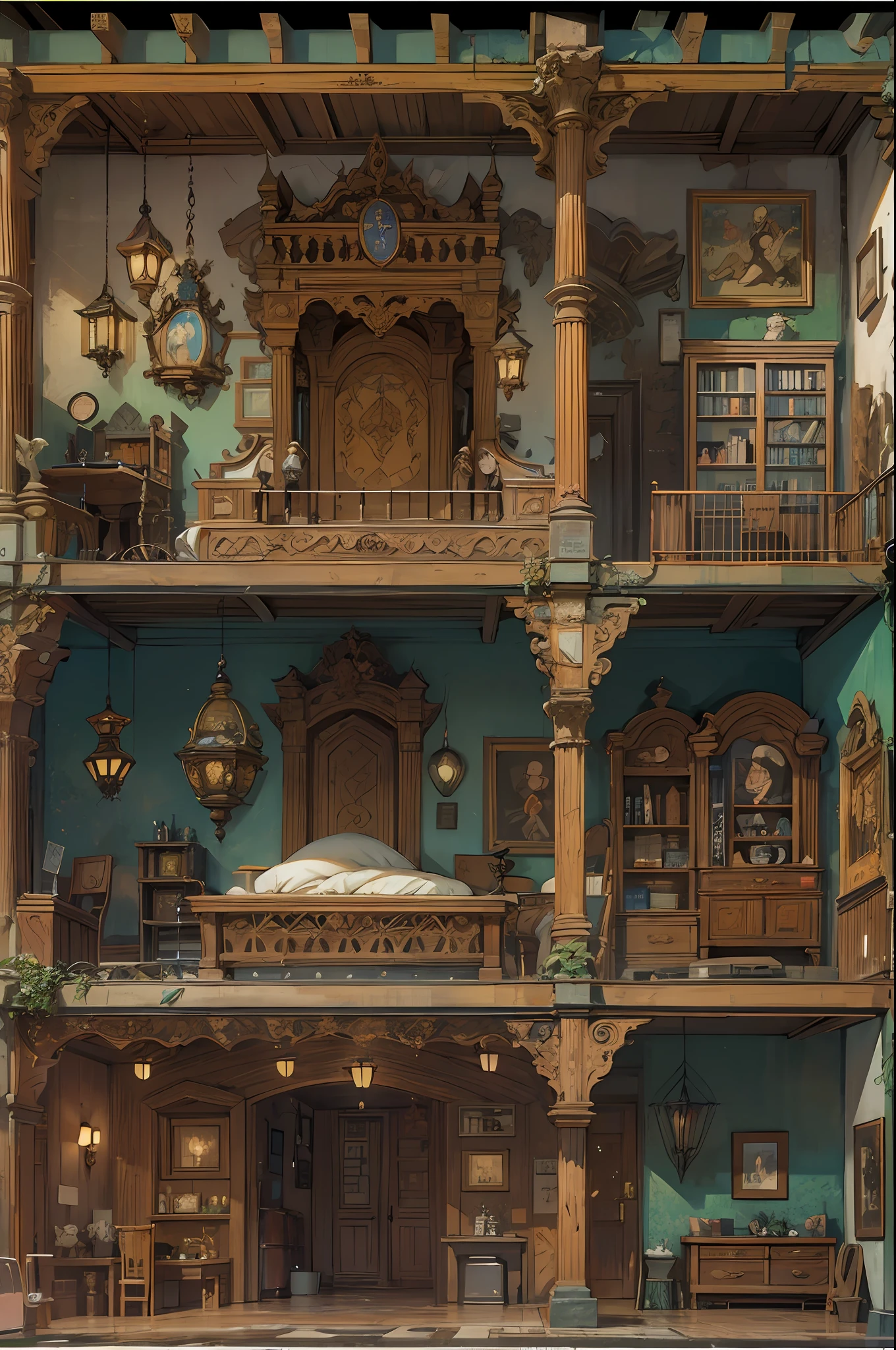 profile view(Interior of a four-story building)、Multiple rooms are neatly arranged,Medieval cartoon style,(Conceptual digital art,The is very detailed,reasonable design,Clear lines,k hd,The best quality,tmasterpiece,超高分辨率,4K)