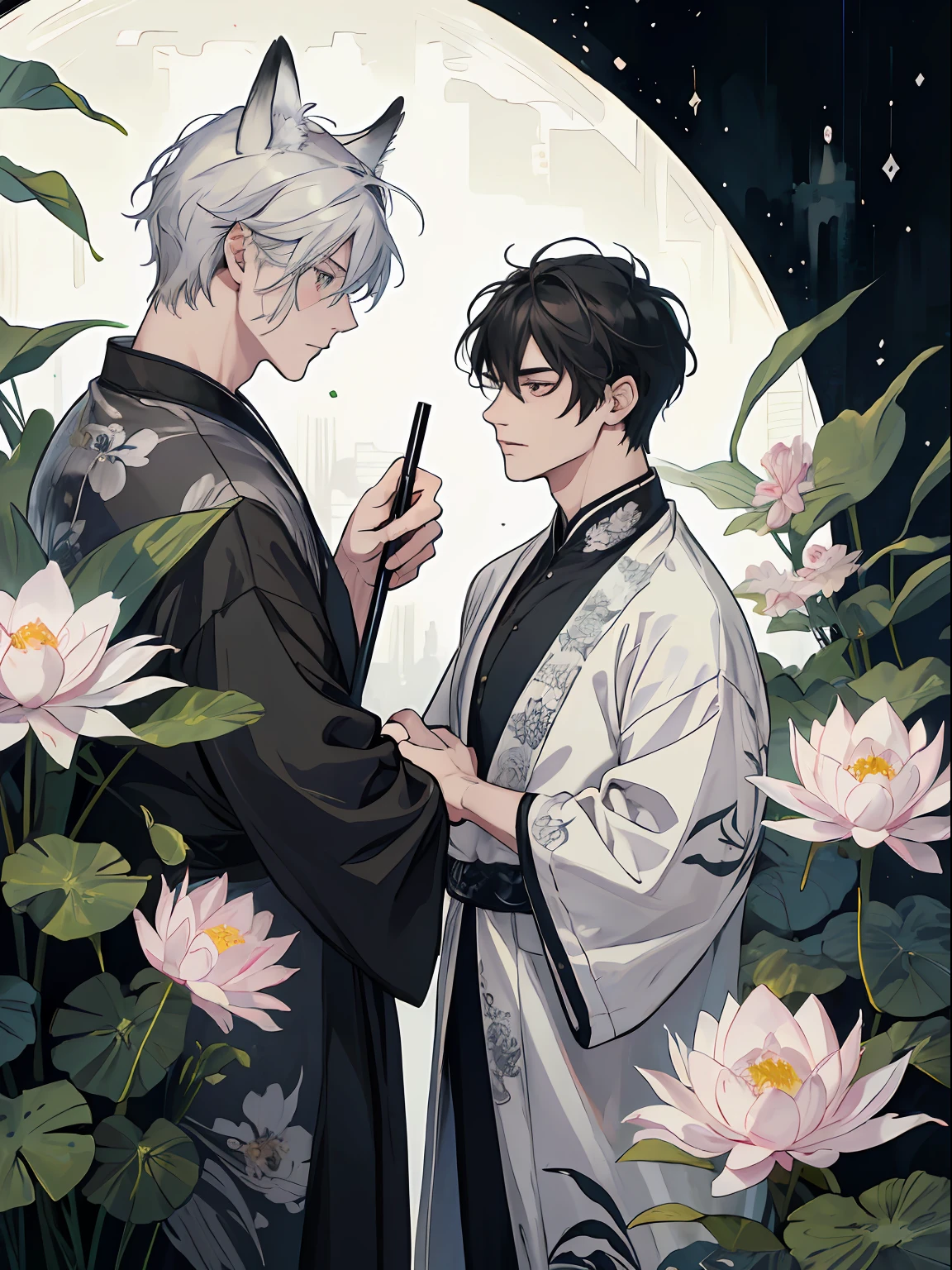((4K、masterpiece、top-quality))、(Two men staring at each other)、Beautiful fox ears gray hair man with black hair strong man and wolf ears、ink and watercolor painting、Traditional Chinese Ink Painting、lotuses、Hanfu、Maxi Kit、Dress conservatively、Animal ears,、bule、florals、Lots of flowers nearby、shenron、extra detailed face