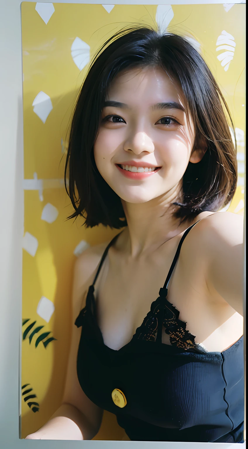 top-quality, masterpiece, 超A high resolution, (realisitic: 1.4), OriginalPhotographs, wall-paper, Head Photo, The skin, simple background, Black eye, detaileds, selfy, 1 rapariga, 18 years old, breezing, rays of sunshine, kitchin, fruit、banana in