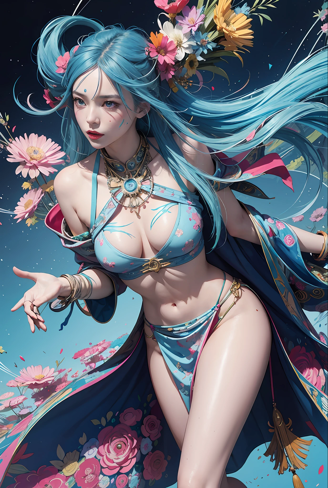 a woman with blue hair wearing a colorful outfit and a colorful background with paint splatters on it, by Hirohiko Araki,official art, unity 8k wallpaper, ultra detailed, beautiful and aesthetic, masterpiece, best quality, (zentangle, mandala, tangle, entangle), 1girl, extremely detailed, dynamic angle, cowboyshot, the most beautiful form of chaos, elegant, a brutalist designed, vivid colours, romanticism, by james jean, roby dwi antono, ross tran, francis bacon, michal mraz, adrian ghenie, petra cortright, gerhard richter, takato yamamoto, ashley wood, atmospheric, ecstasy of musical notes, streaming musical notes visible