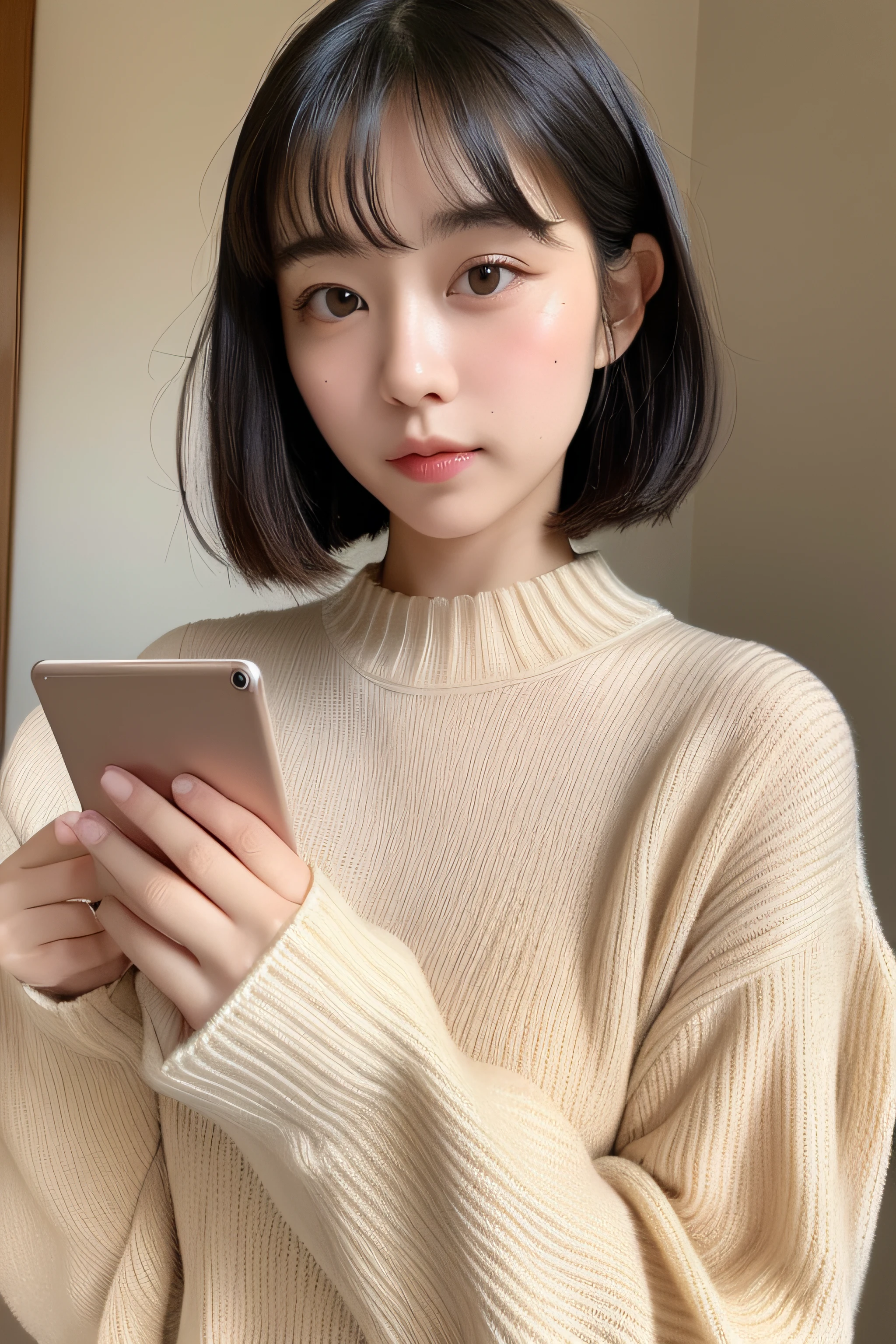 (top-quality、8K、32K、masterpiece、nffsw:1.2)、Photo of a cute Japanese woman、large full breasts、very short bobbed hair、The upper part of the body、sface focus、Oversized_Sweaters、Holding the tablet in one hand